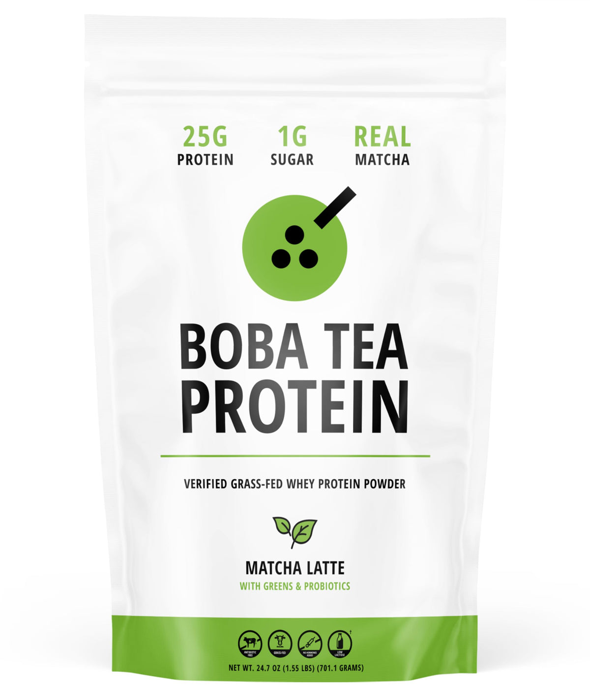 Boba Tea Protein Matcha Latte – 25g Grass-Fed Whey Isolate, Gluten-Free & Soy-Free, 19 Servings