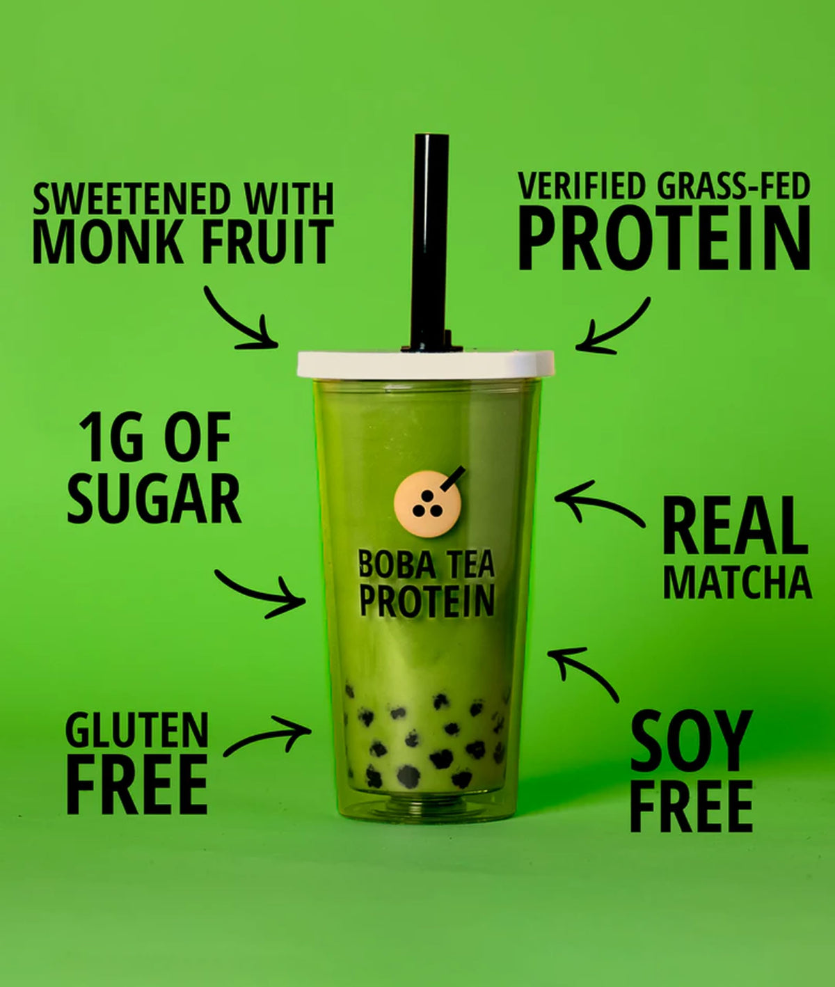 Boba Tea Protein Matcha Latte – 25g Grass-Fed Whey Isolate, Gluten-Free & Soy-Free, 19 Servings