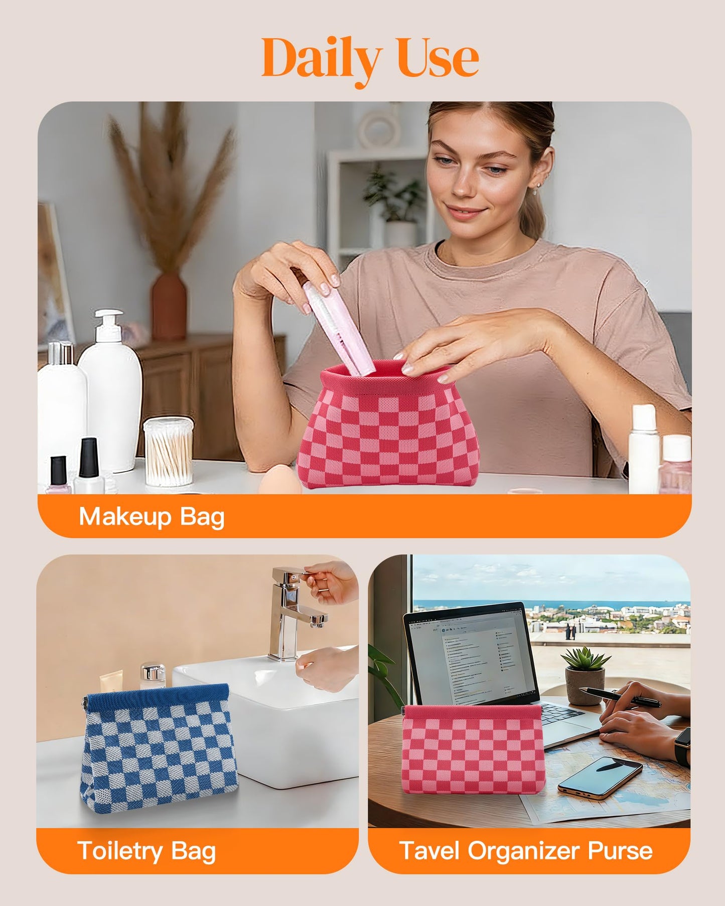 bohunono Small Makeup Bag for Purse,Cute Travel Makeup Pouch, Perfect Cosmetic & Toiletry Bag for Women, Lipstick Case & Brush Holder, Mini Vanity Organizer(LB_Dark Orange-Light Blue)