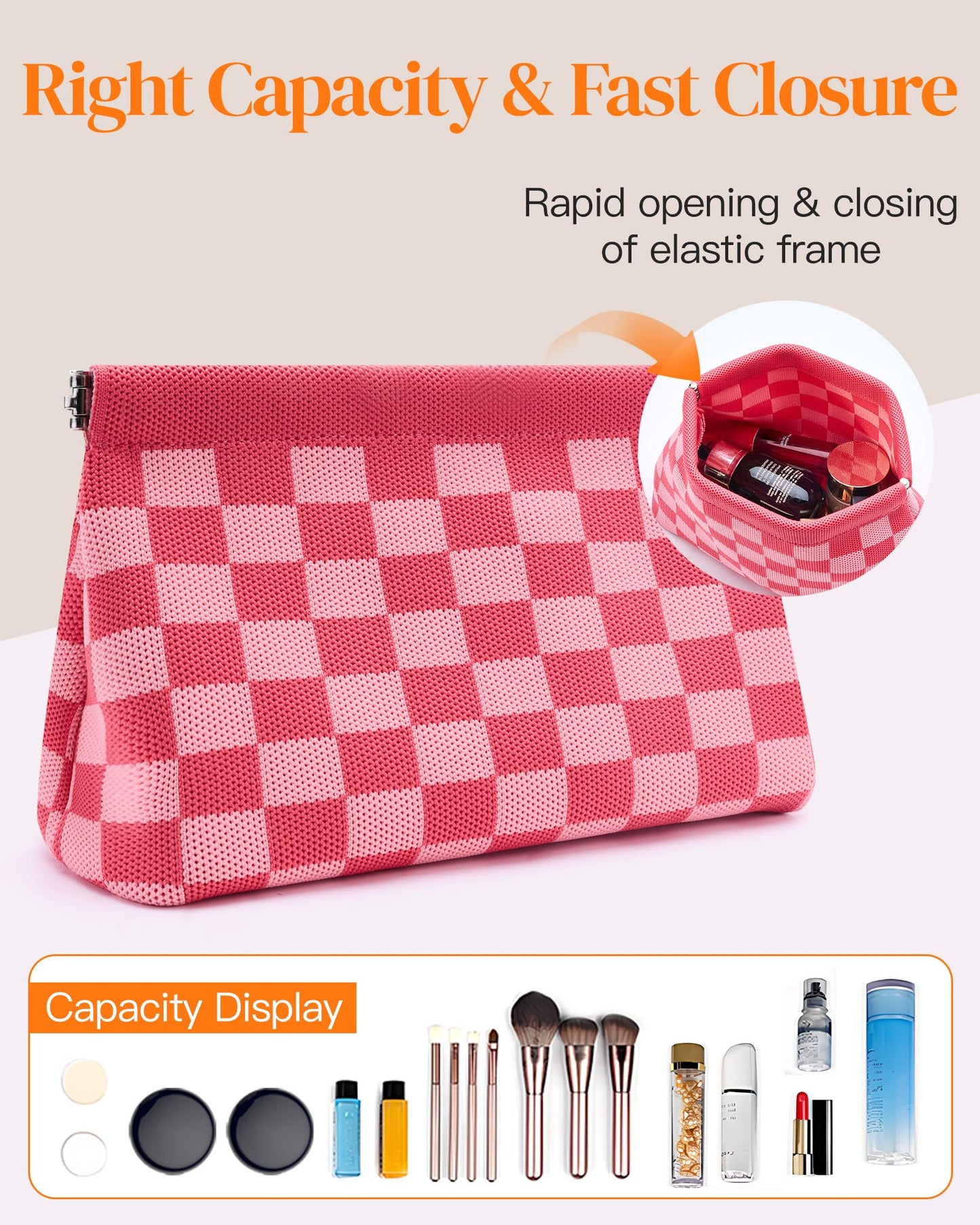 bohunono Small Makeup Bag for Purse,Cute Travel Makeup Pouch, Perfect Cosmetic & Toiletry Bag for Women, Lipstick Case & Brush Holder, Mini Vanity Organizer(LB_Dark Orange-Light Blue)