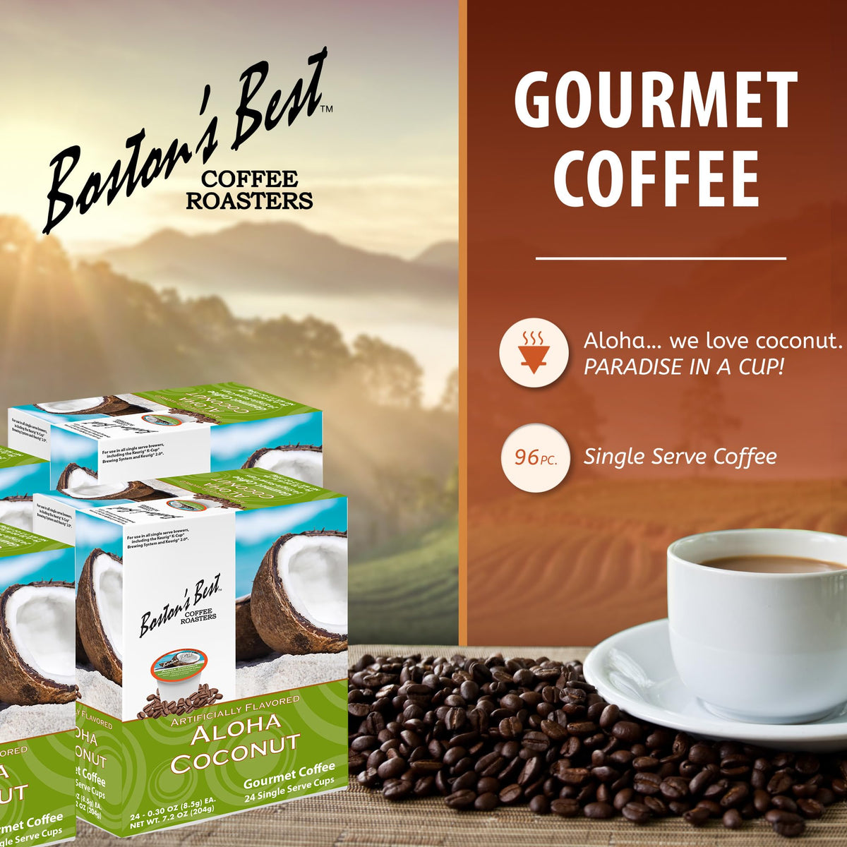 Bostons Best Aloha Coconut Coffee - Keurig Compatible, 24 Count (Pack of 4)
