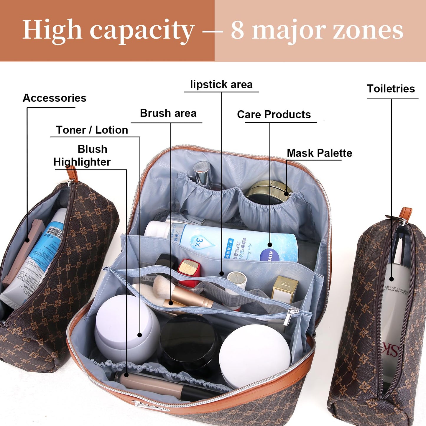 BOYATU Travel Makeup Bag Cosmetic Bags for Women: 3-Piece Make up Bag Set