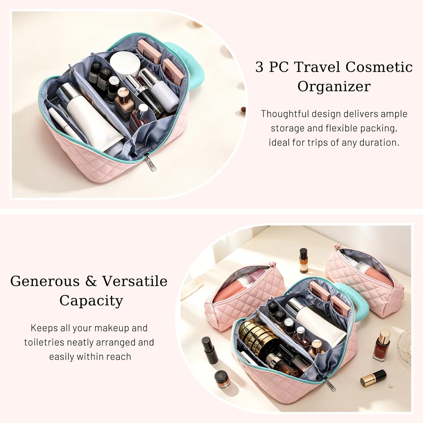 BOYATU Travel Makeup Bag for Women: 3-in-1 Cute Quilted Cosmetic Organizer
