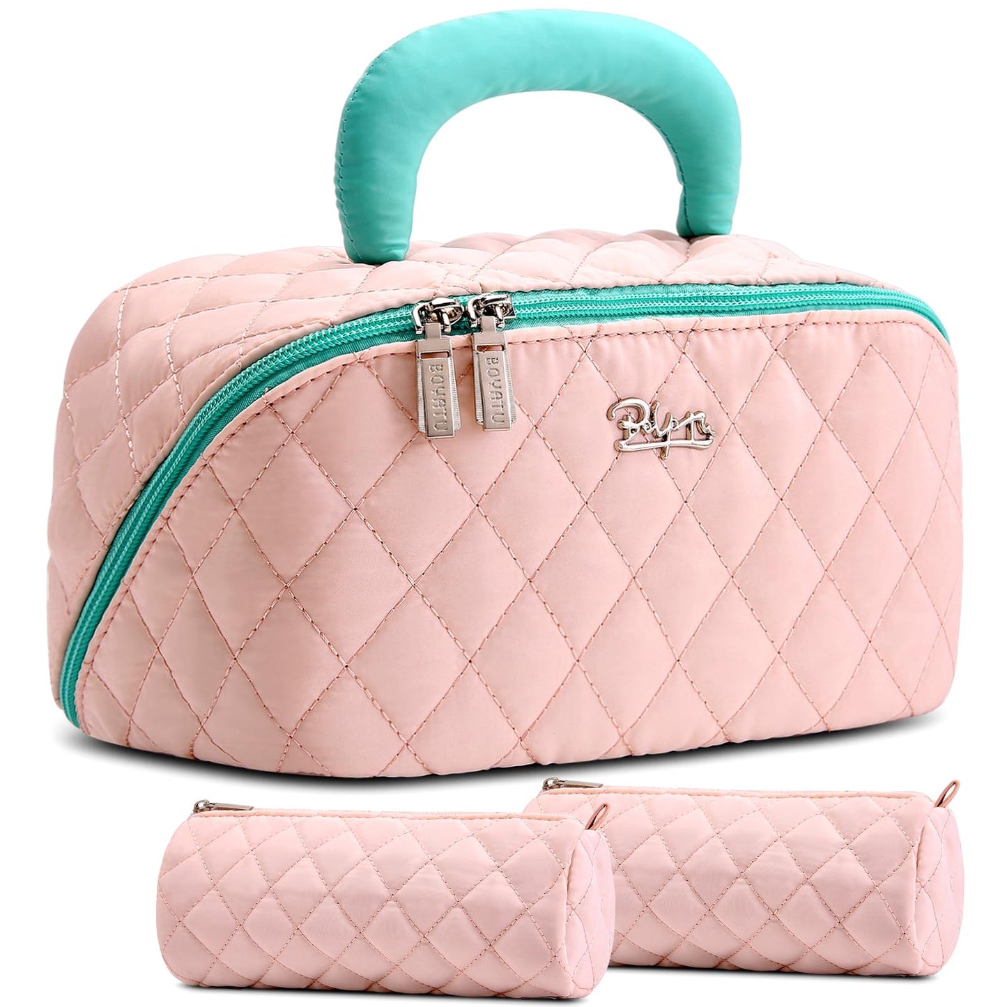 BOYATU Travel Makeup Bag for Women: 3-in-1 Cute Quilted Cosmetic Organizer