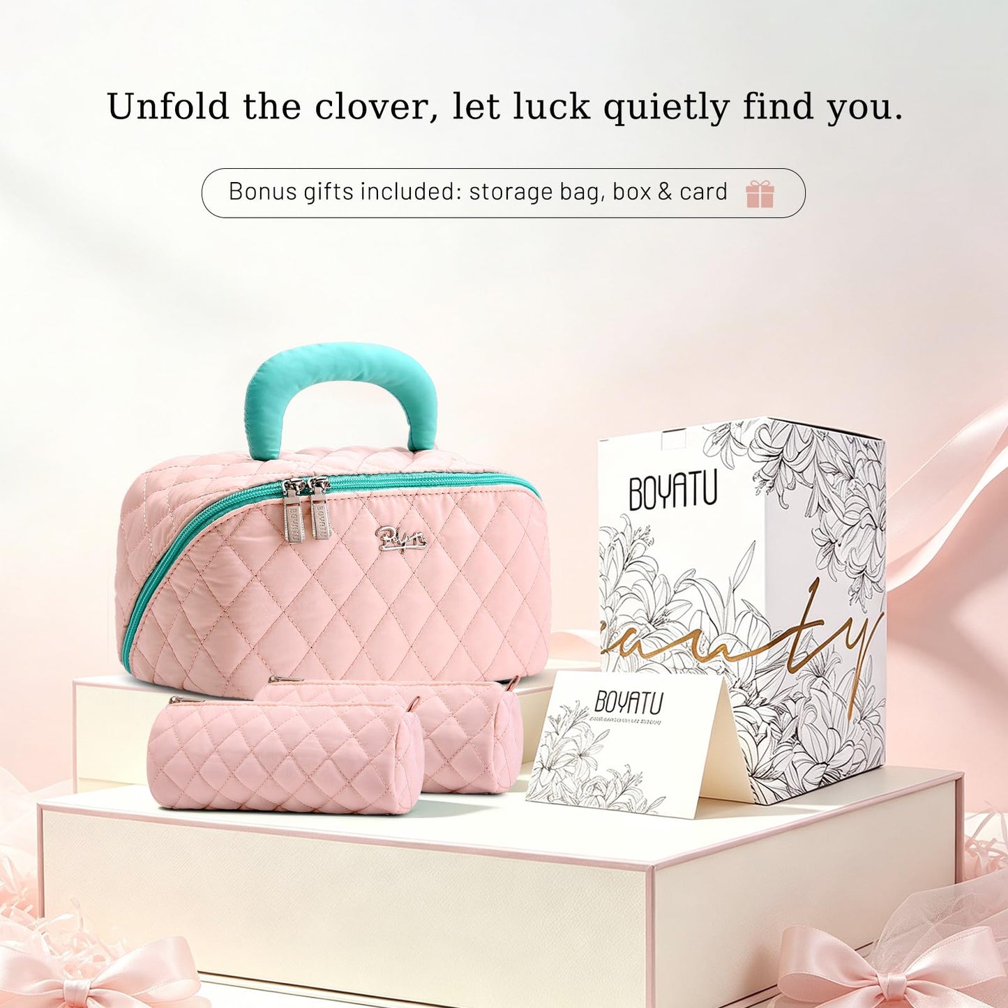 BOYATU Travel Makeup Bag for Women: 3-in-1 Cute Quilted Cosmetic Organizer