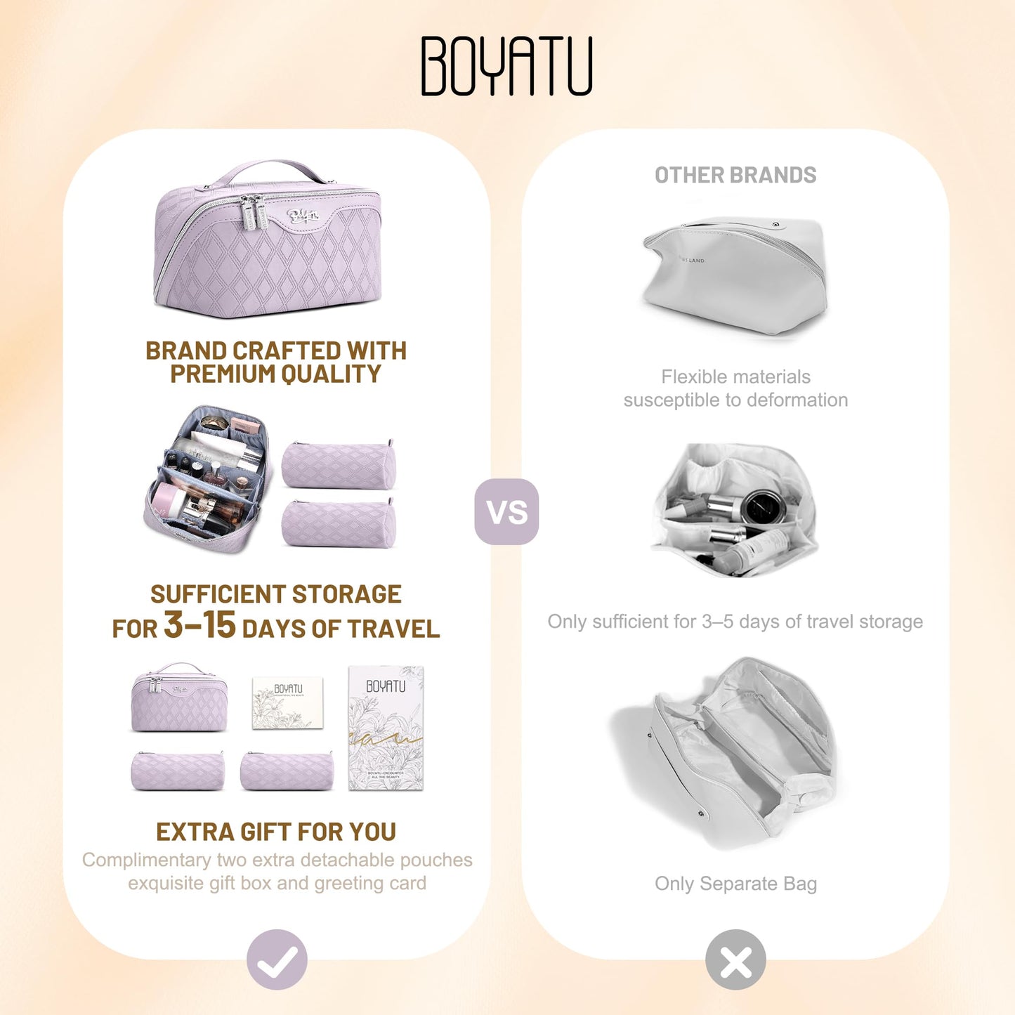 BOYATU Travel Makeup Bag, Large Capacity 3-Piece Cosmetic&Toiletry Bag Set
