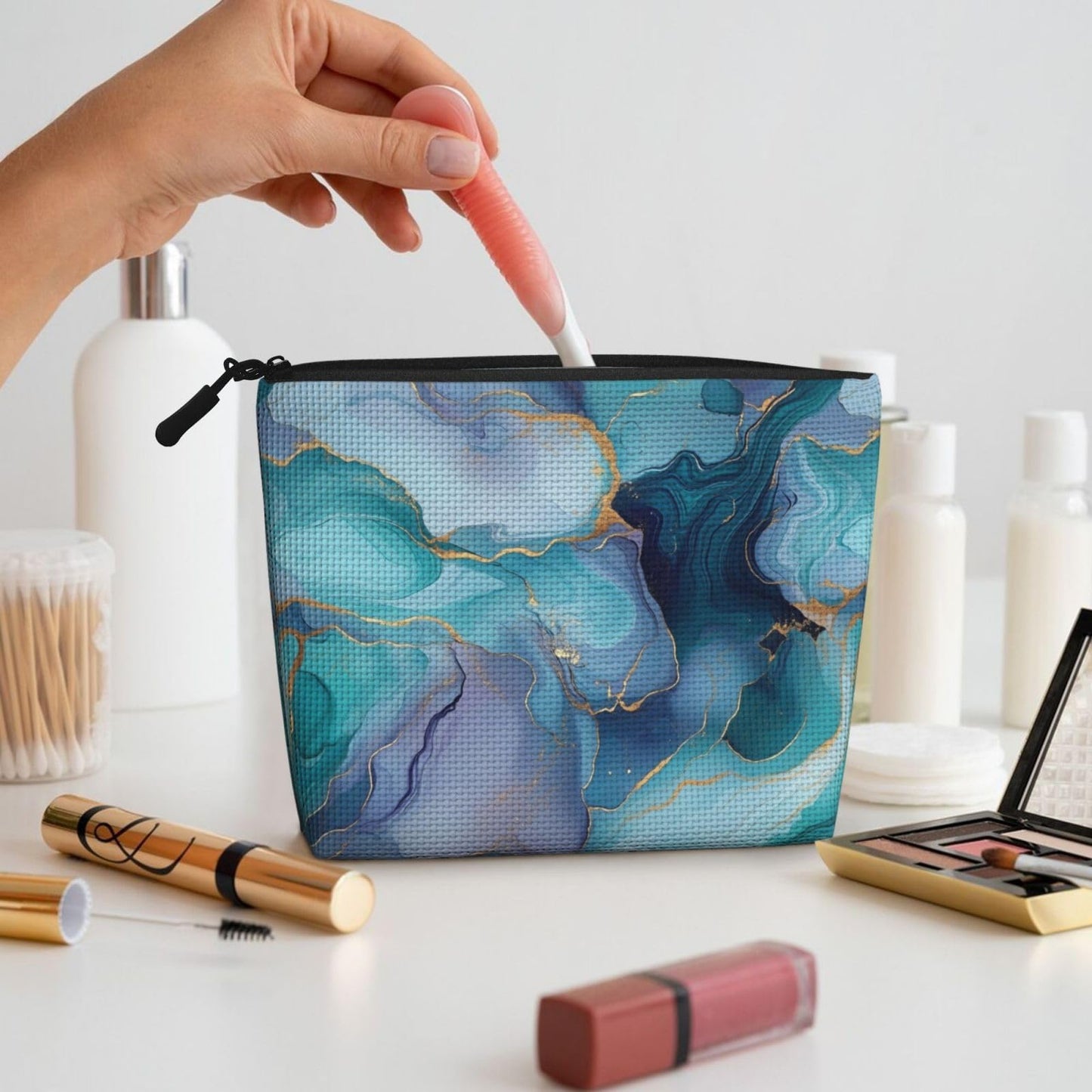 Braytow Blue Marble Classic Print Cosmetic Bags, Waterproof Makeup Storage Pouch for Women Holiday Gifts, 9.45 x 6.7 Inches