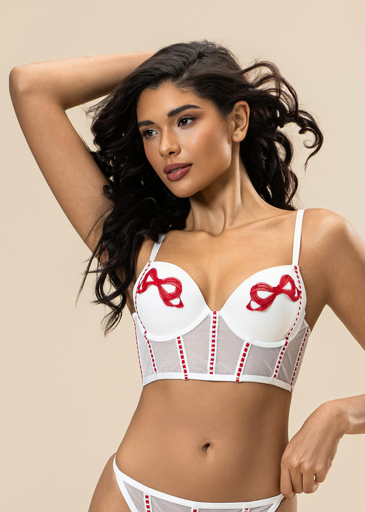 BRIELLE White Wired Demi Corset Bra With Red Embroidery