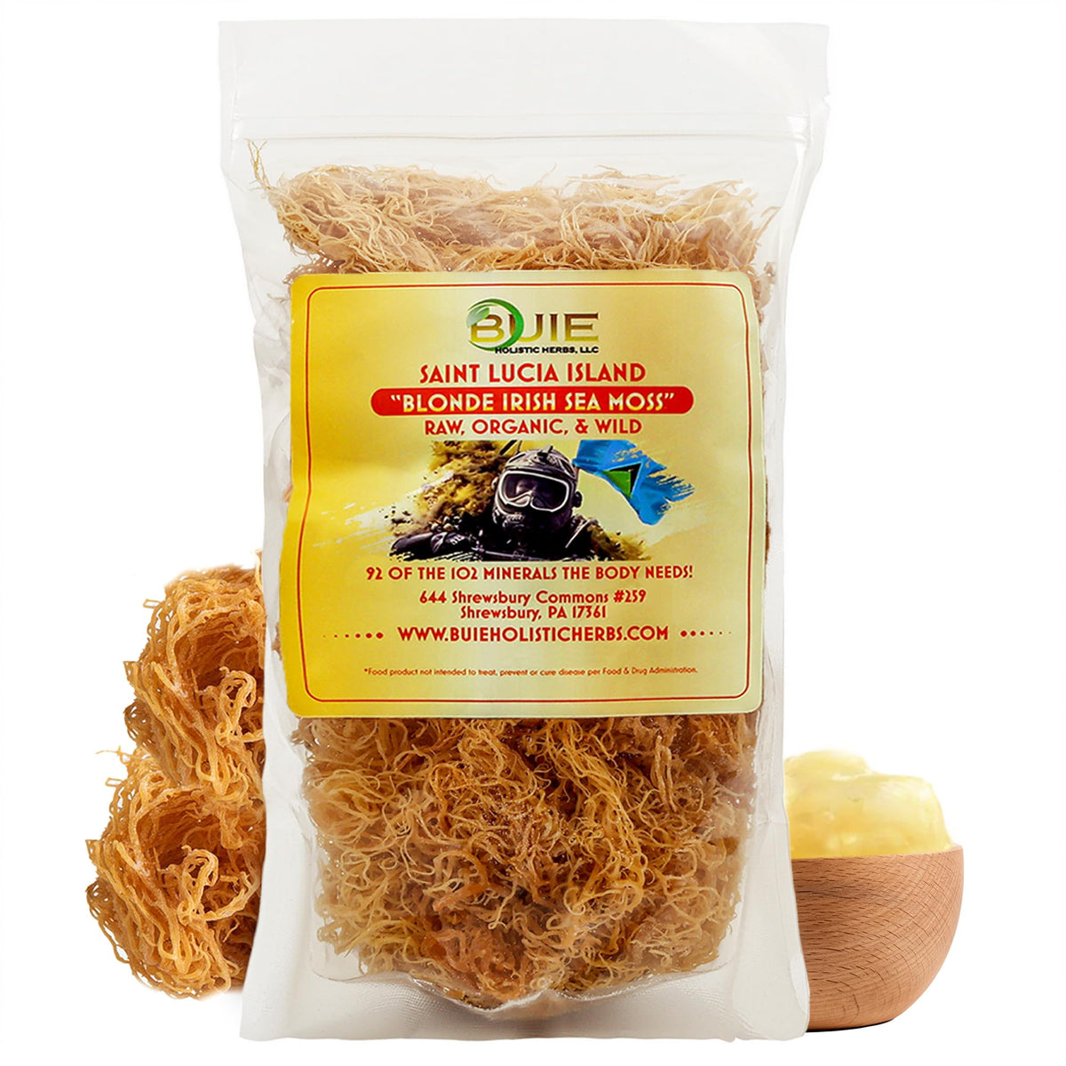 BUIE Golden Irish Sea Moss – Wildcrafted from St. Lucia | 16 oz to ~240 oz Gel | 100% Natural & Raw