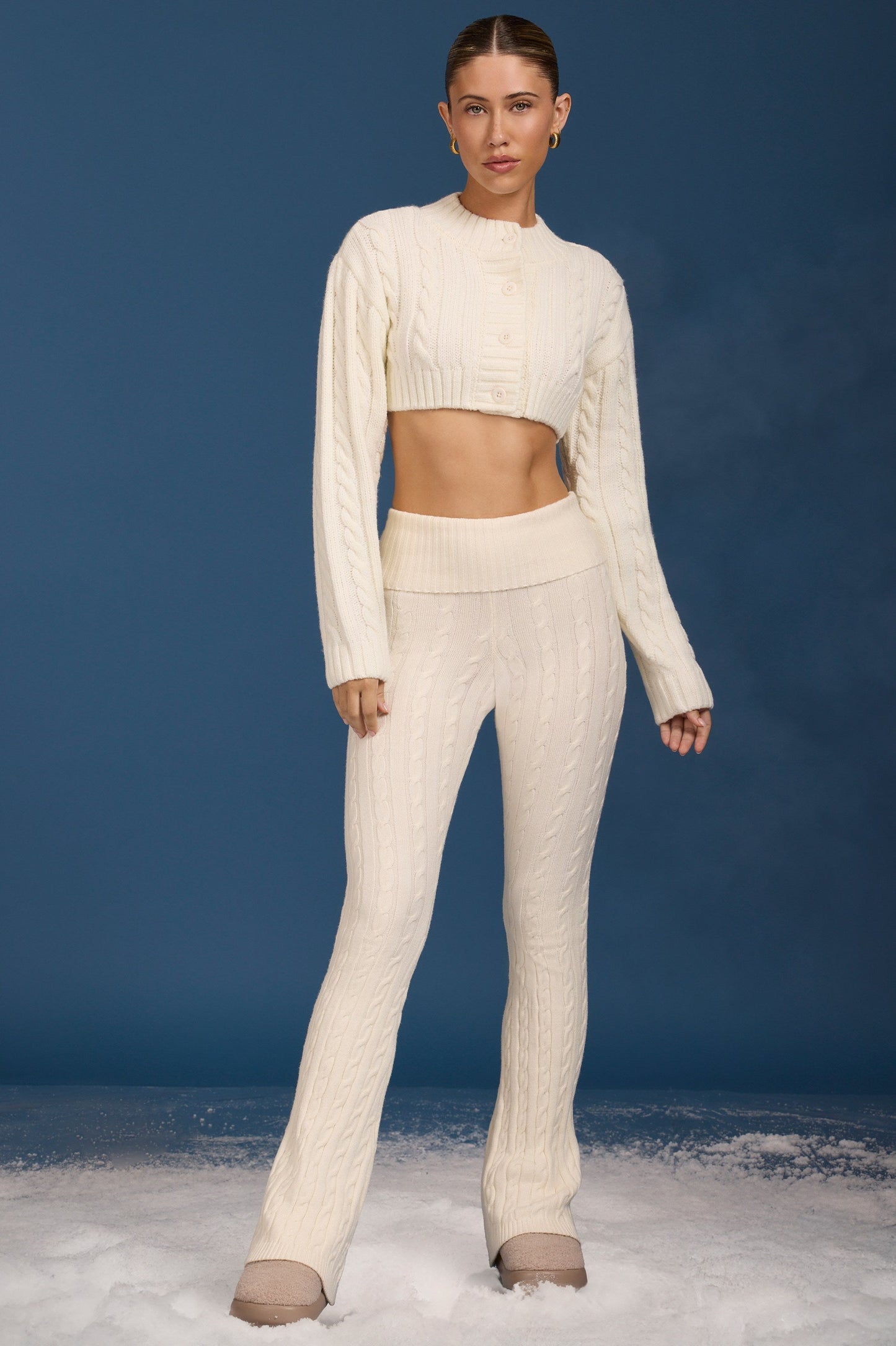 Cable Knit Foldover Flared Trousers in Cream