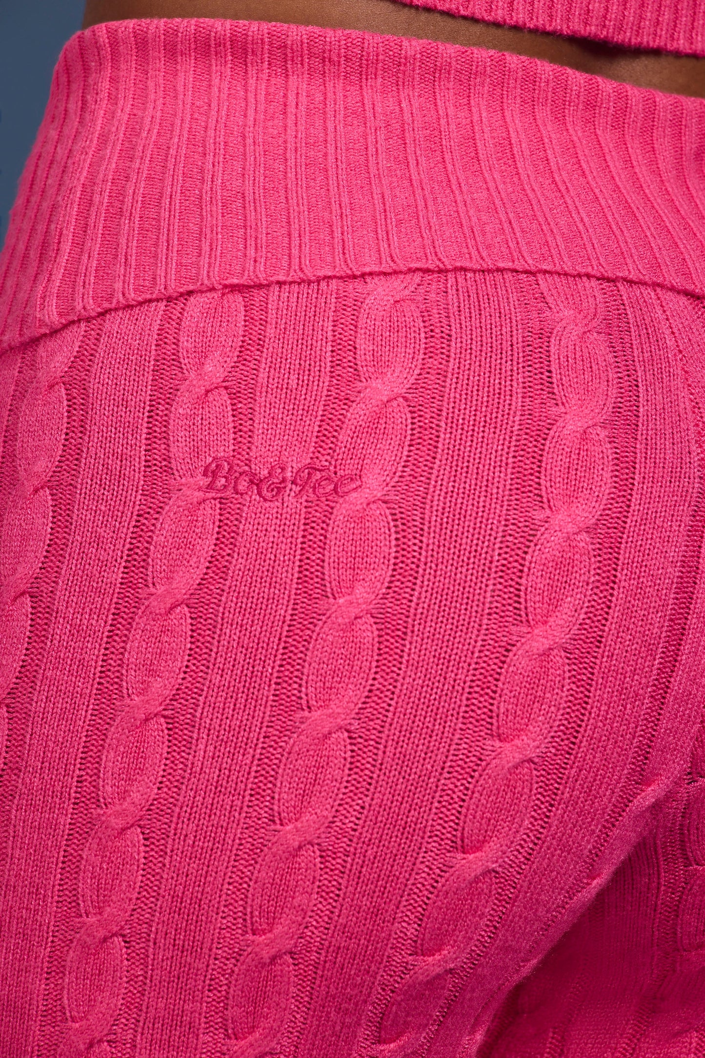 Cable Knit Foldover Flared Trousers in Hot Pink