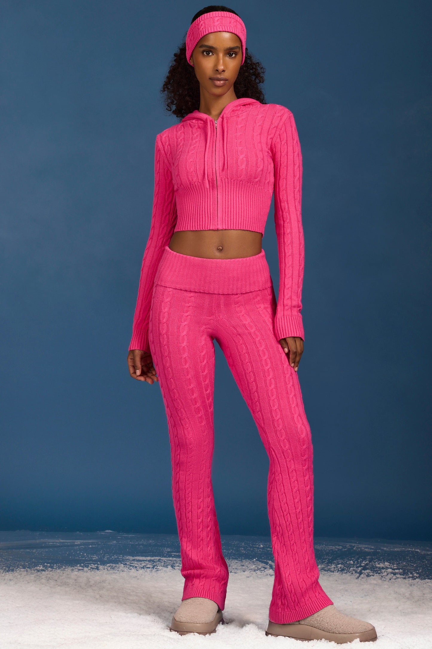 Cable Knit Foldover Flared Trousers in Hot Pink