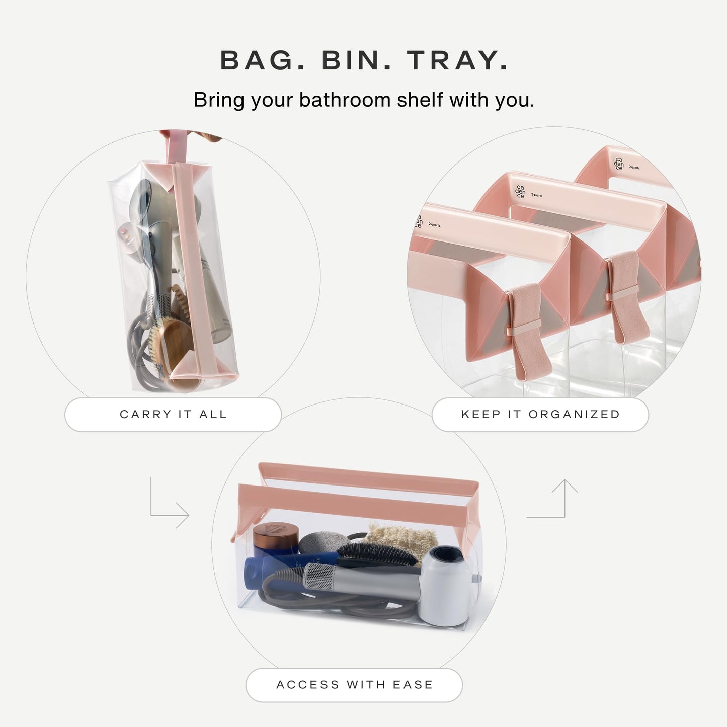 Cadence Parcel - Clear Travel Kit with Zipperless Magnetic Closure - Rose, Extra Large - Durable, Leak-Resistant and TSA Approved Toiletry Bag - Modular Organization - Recycled TPU (4 Qt)