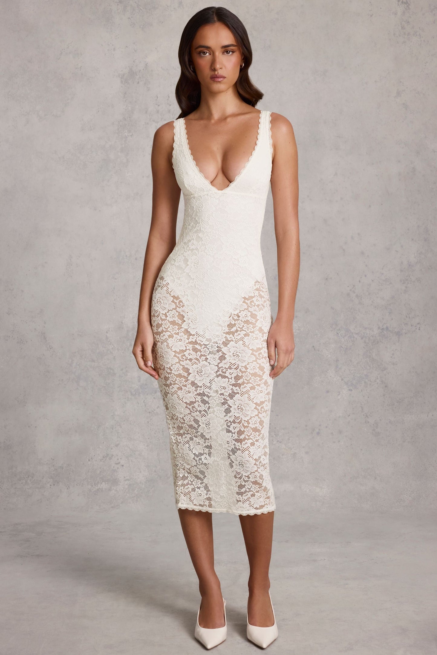 Sheer Lace Scalloped Plunge Bodysuit Midaxi Dress in White