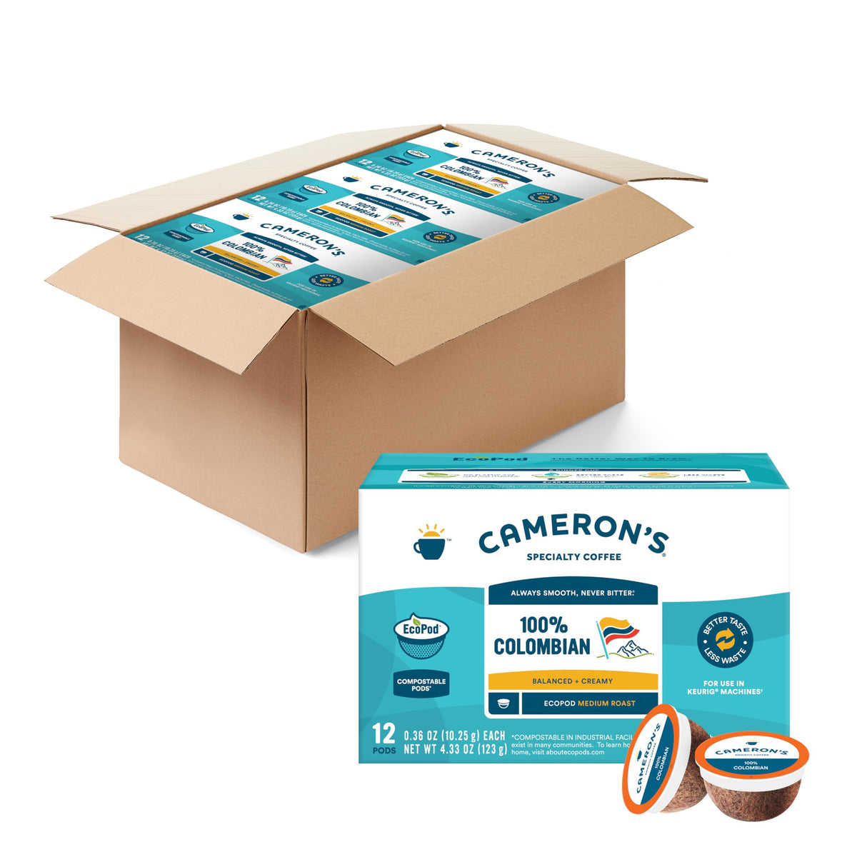 Cameron's Coffee Colombian Medium Roast EcoPods – 12 Count, Pack of 6 (Caffeinated)