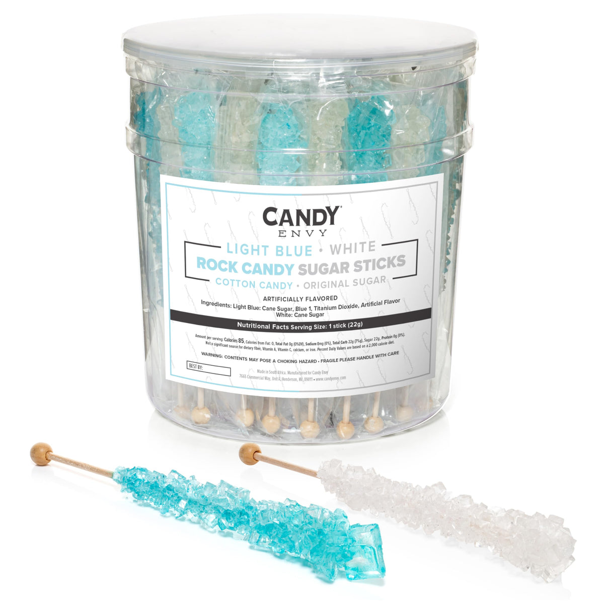 Candy Envy Rock Candy Sticks – Light Blue & White, 36-Pack (Cotton Candy & Original Sugar)