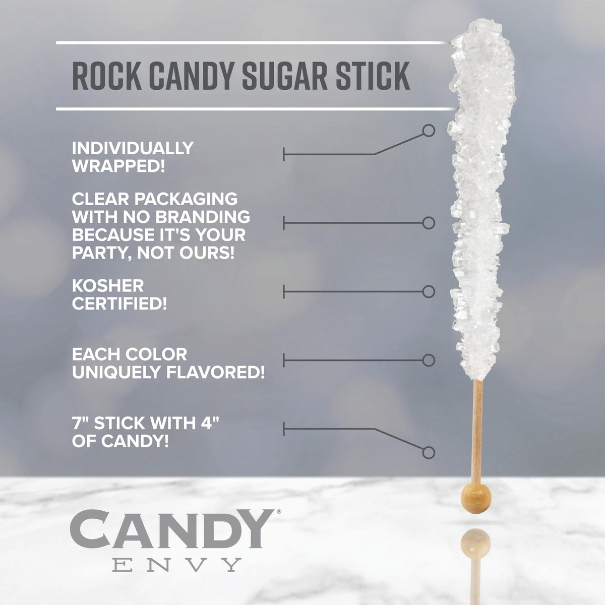 Candy Envy Rock Candy Sticks – Light Blue & White, 36-Pack (Cotton Candy & Original Sugar)