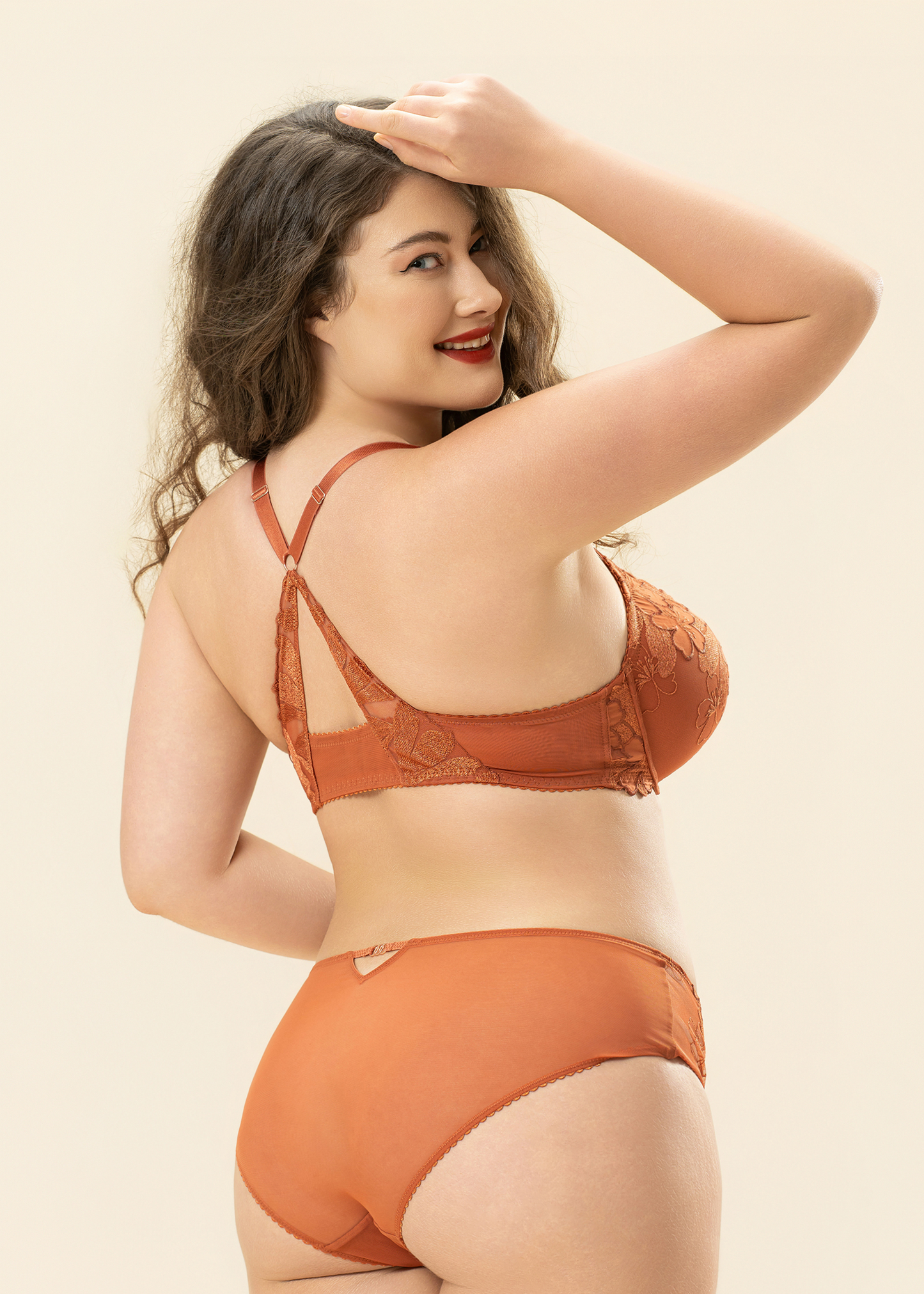 CECILY Plus Orange Floral Lace Push-Up Racerback Demi Bra