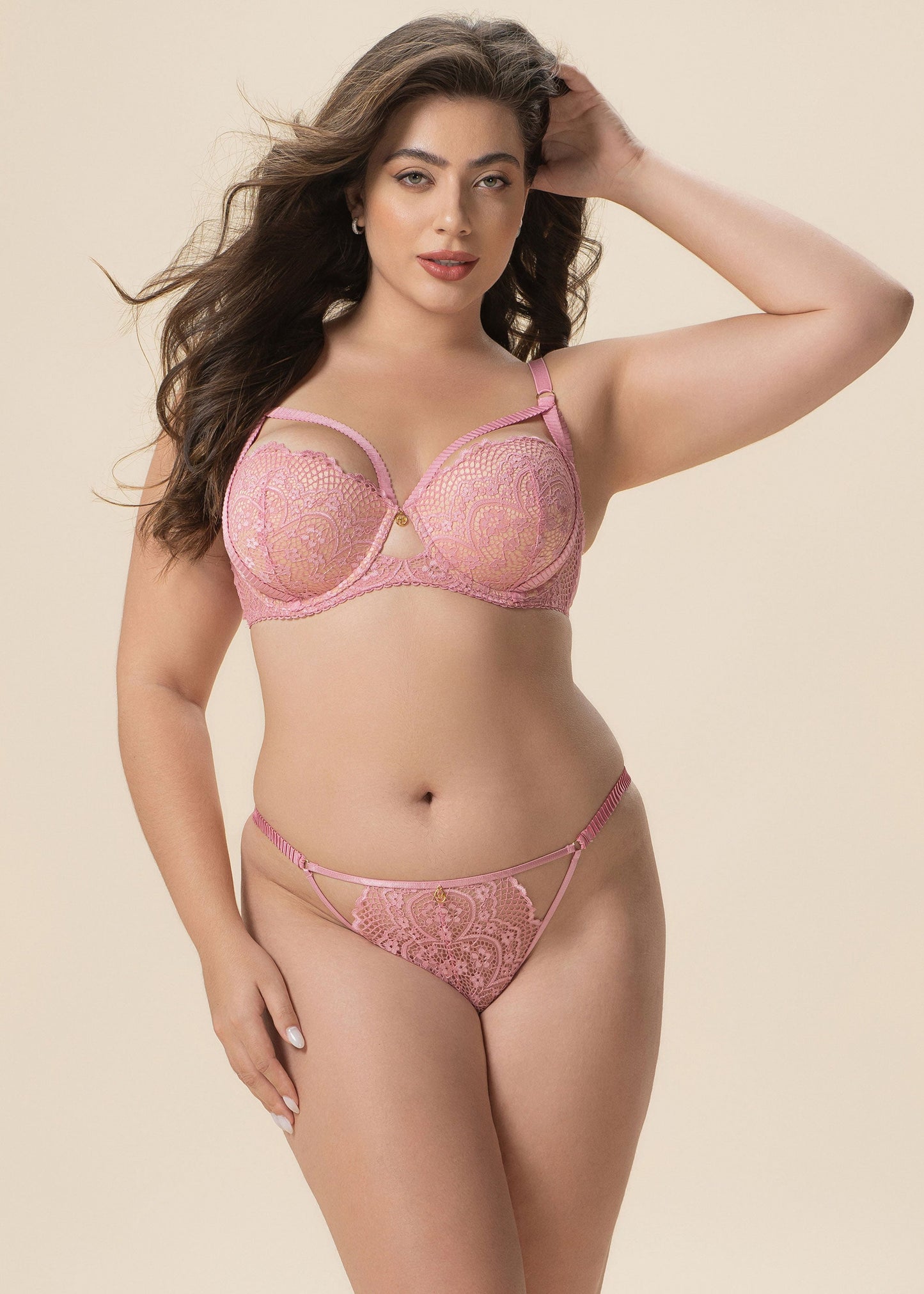 CELINE Plus Pink Floral Lace Push-Up Molded Cup Balconette Demi Bra