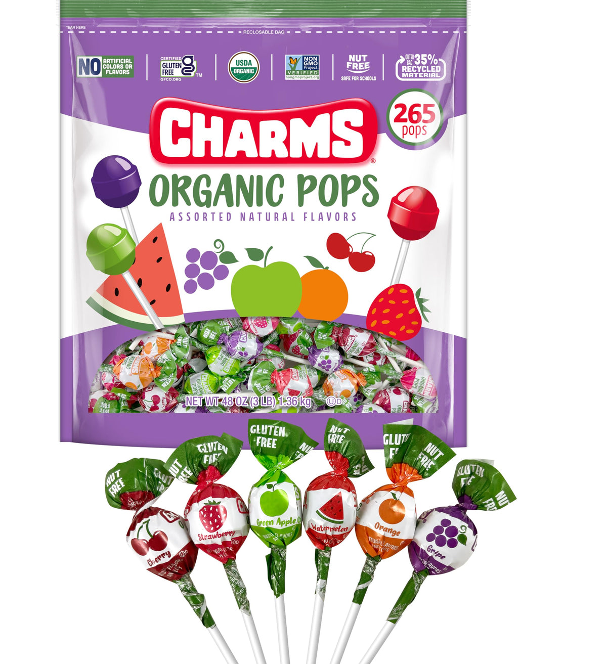 Charms Organic Pops (265 Count) – USDA Organic Fruit Candy Lollipops, Dye-Free, Gluten-Free, Non-GMO, 3 lb Resealable Bag