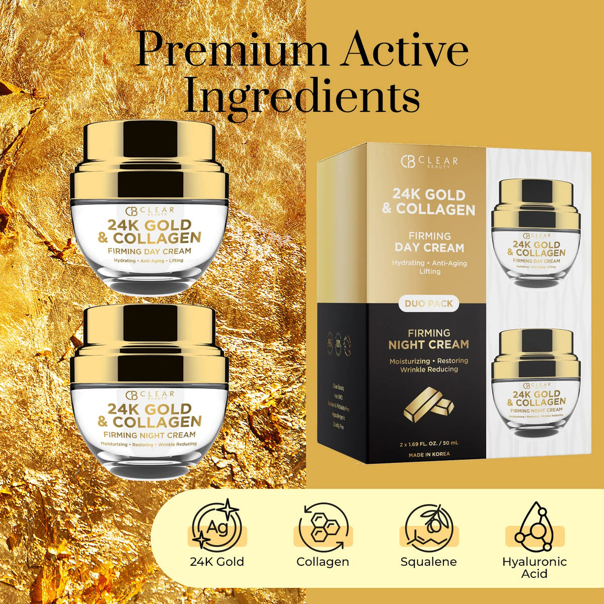 Clear Beauty 24K Gold & Collagen Face Moisturizer - Dermatologist Tested, Anti Aging, Korean Skin Care - Hydrates, Firms, Smooths For Youthful Skin - Vegan, Clean Beauty - Duo Pack