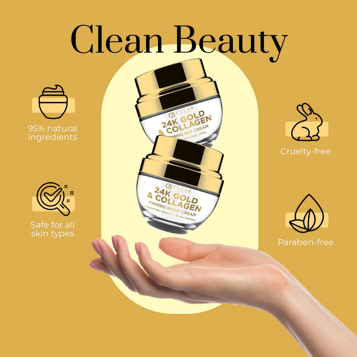 Clear Beauty 24K Gold & Collagen Face Moisturizer - Dermatologist Tested, Anti Aging, Korean Skin Care - Hydrates, Firms, Smooths For Youthful Skin - Vegan, Clean Beauty - Duo Pack