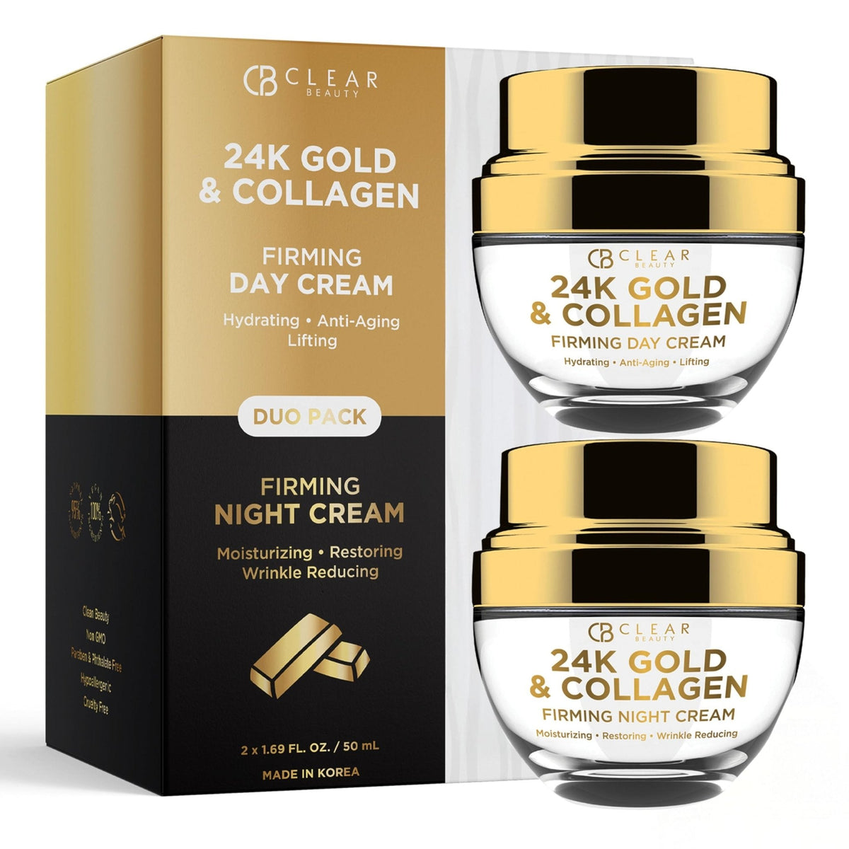 Clear Beauty 24K Gold & Collagen Face Moisturizer - Dermatologist Tested, Anti Aging, Korean Skin Care - Hydrates, Firms, Smooths For Youthful Skin - Vegan, Clean Beauty - Duo Pack