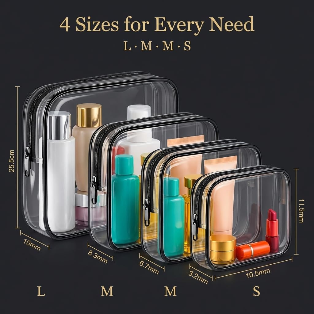 Clear Makeup Bag 4 Pack, TSA Approved Toiletry Bag for Women, Waterproof PVC Cosmetic Pouch Travel Organizer, Clear Bags for Diaper Bag Organizer Purse, Portable Zipper Pouch Set (L+M+M+S)