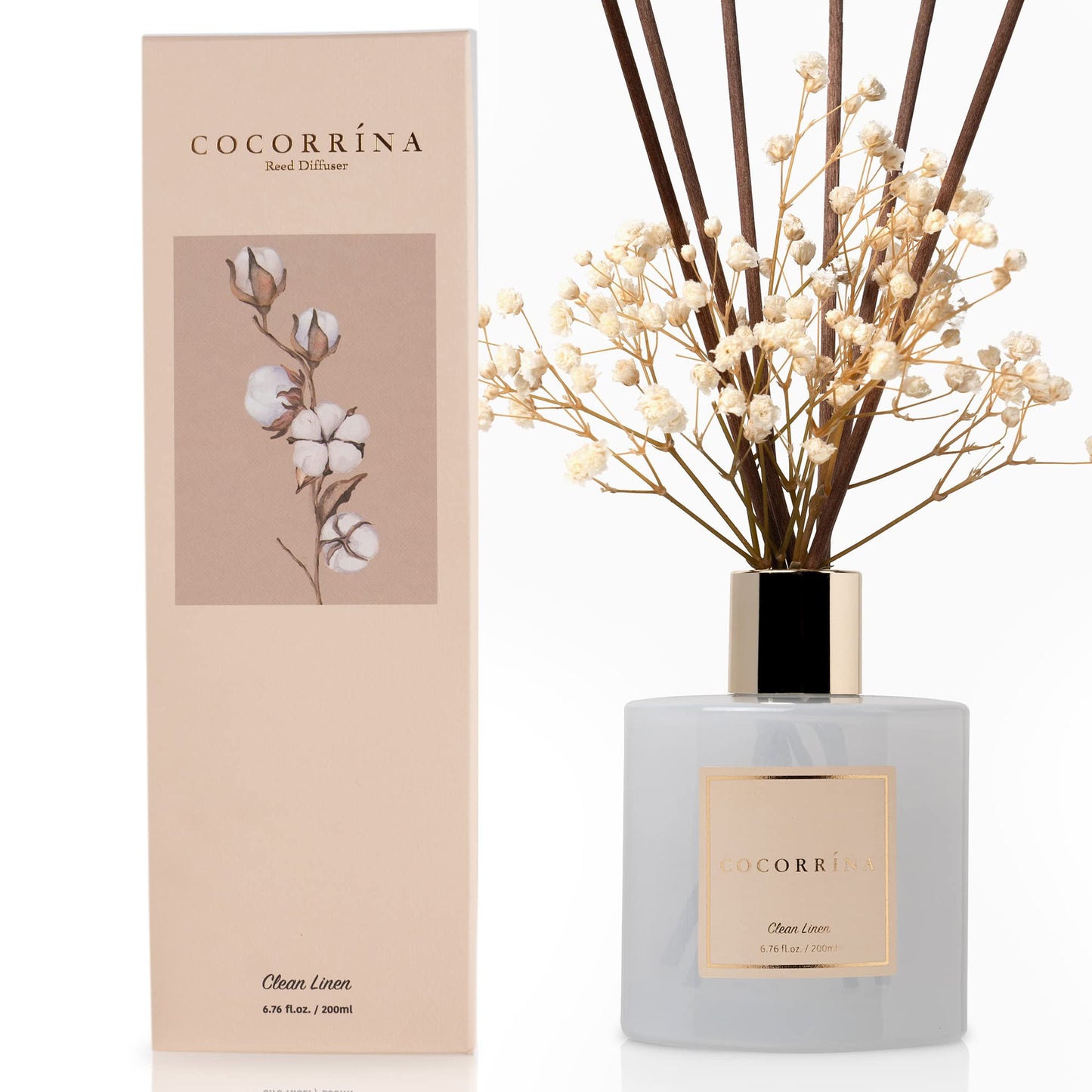 Cocorrína Reed Diffuser Set, Clean Linen 6.7 fl oz Scented Diffuser with Sticks Home Fragrance Reed Diffuser for Bathroom Shelf Décor