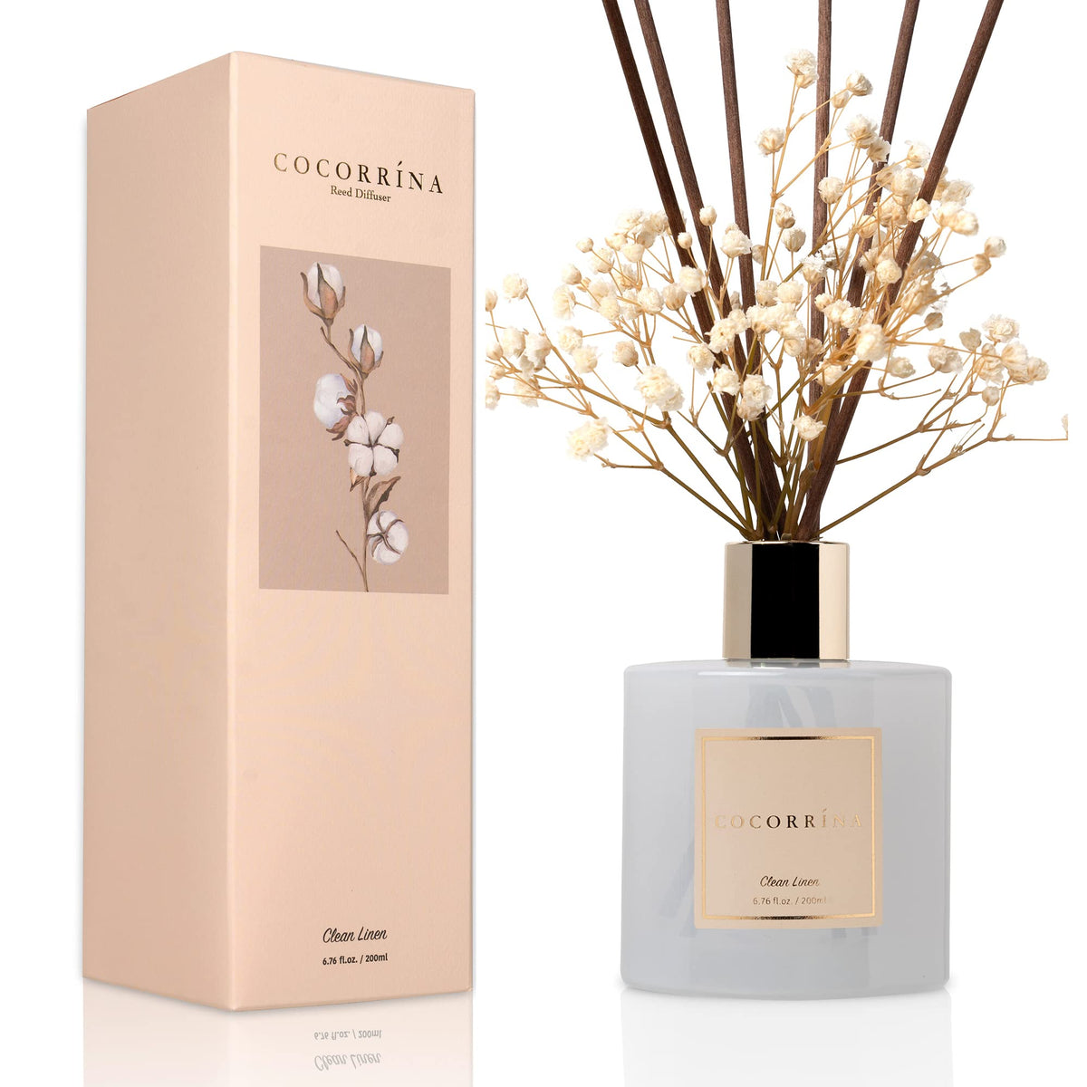 Cocorrína Reed Diffuser Set, Clean Linen 6.7 fl oz Scented Diffuser with Sticks Home Fragrance Reed Diffuser for Bathroom Shelf Décor