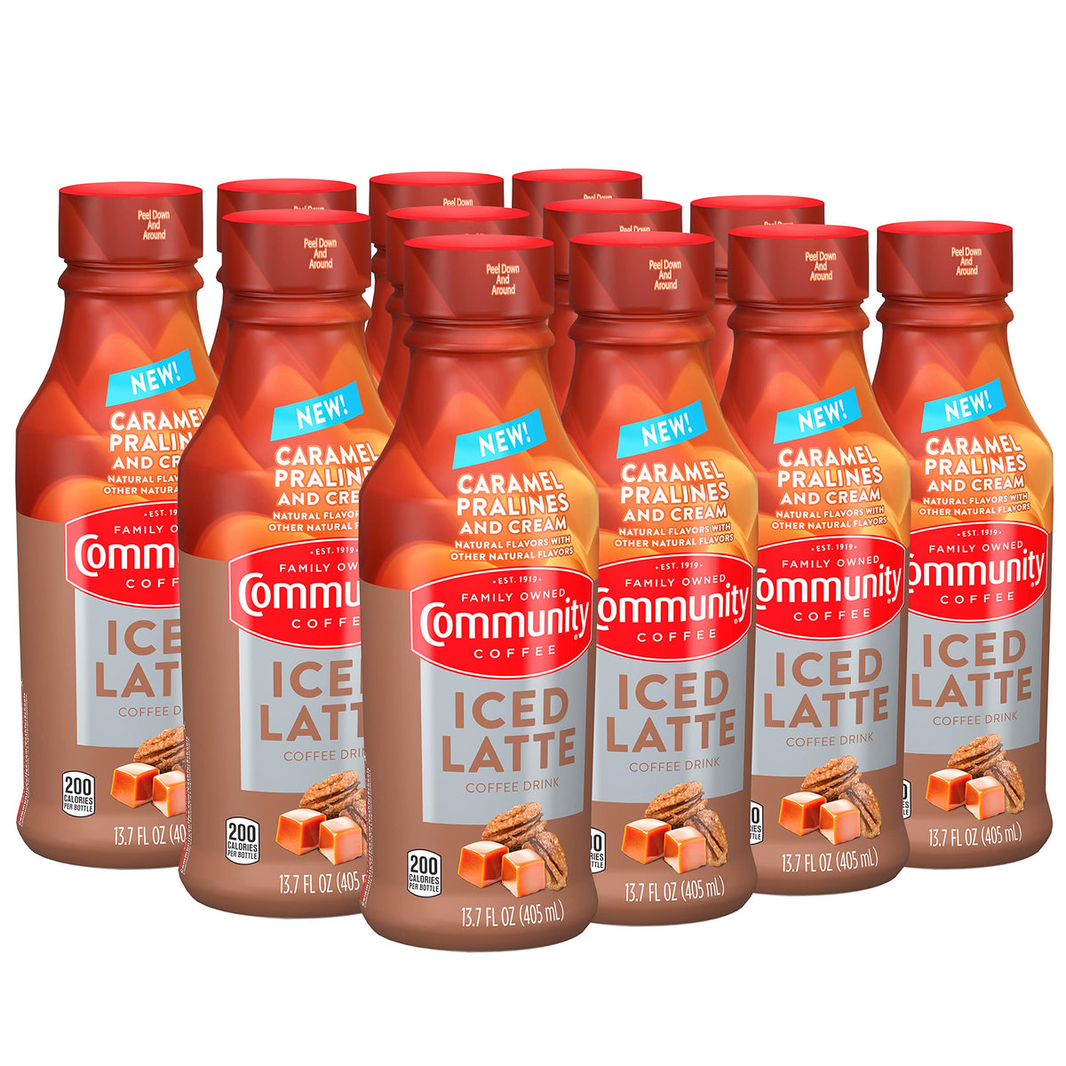 Community Coffee Caramel Pralines and Cream Iced Latte — Ready-To-Drink, 13.7 oz Bottle (Pack of 12)