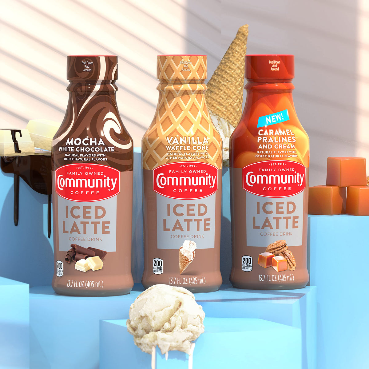 Community Coffee Caramel Pralines and Cream Iced Latte — Ready-To-Drink, 13.7 oz Bottle (Pack of 12)