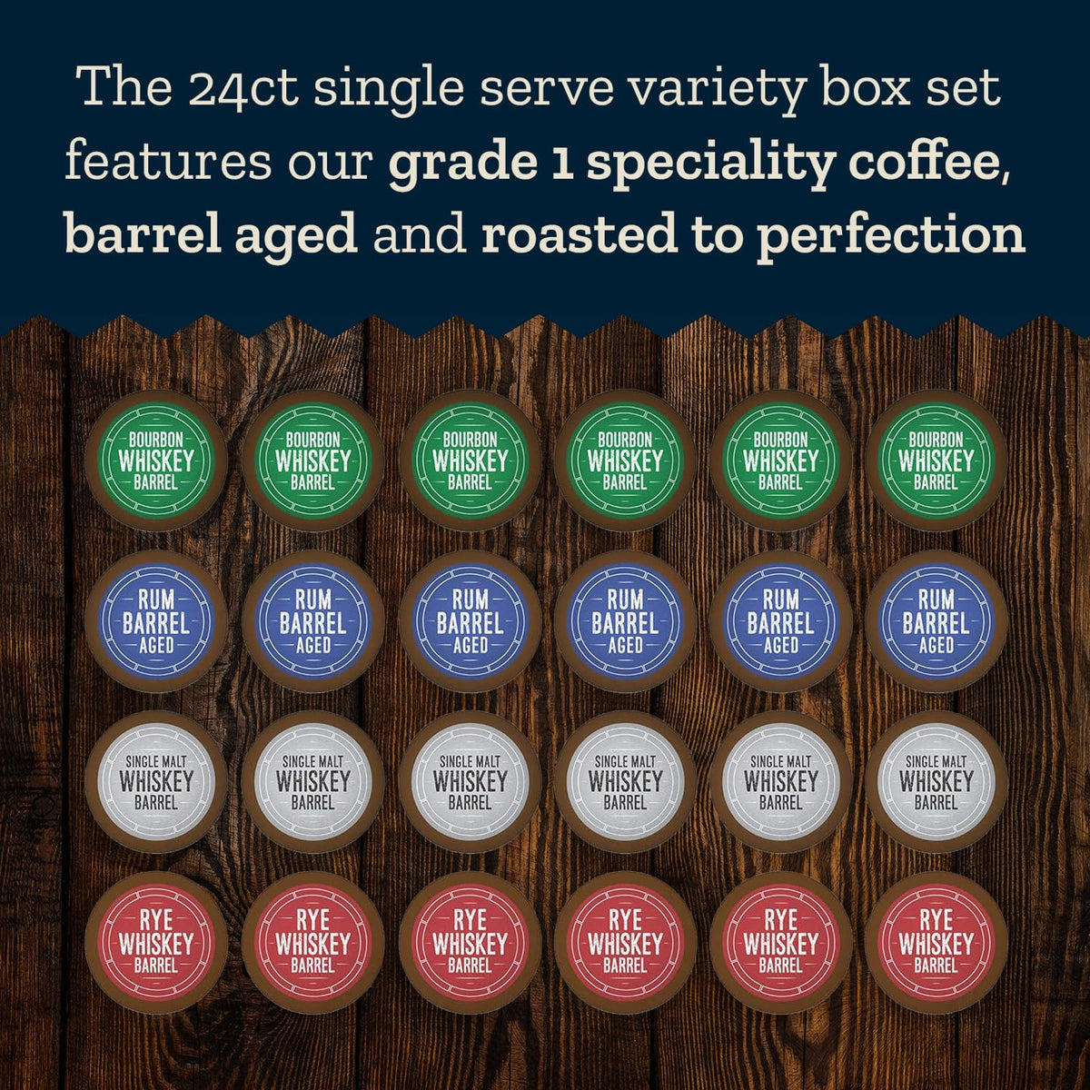Cooper’s Cask Coffee Bourbon Barrel Aged Pods Variety Pack (24ct) – Bourbon, Rye, Malt, Rum