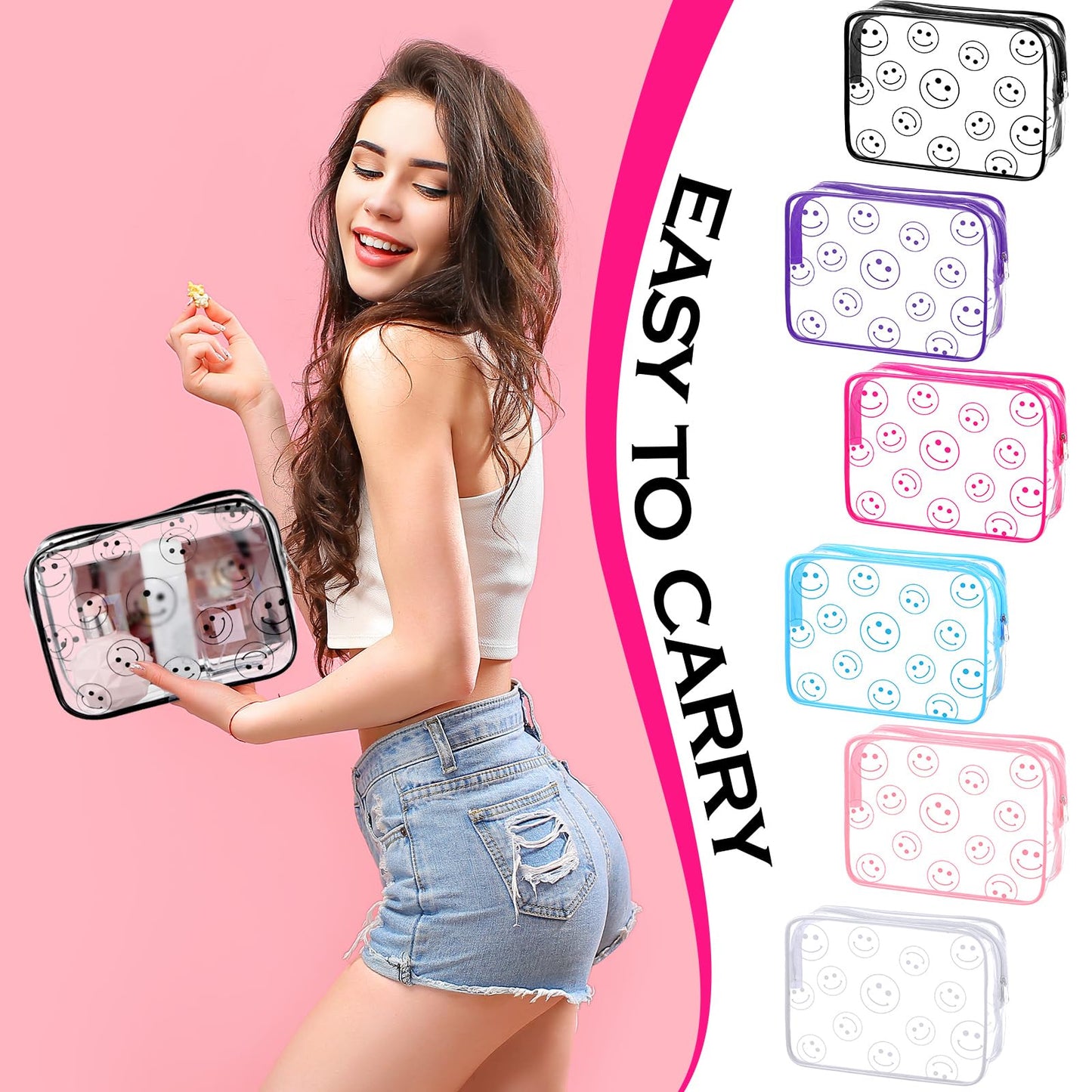Cunno 6 Pcs Makeup Bags Gifts for Women Preppy Boho Smile Face Flamingo Clear Makeup Bags Cosmetic Transparent PVC Travel Toiletry Organizer for Birthday Party Favor(Smile Style)