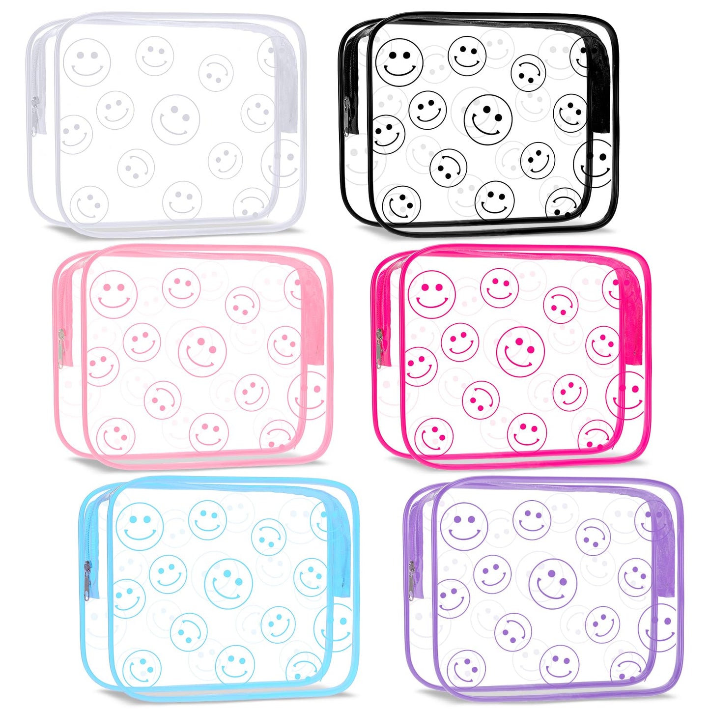 Cunno 6 Pcs Makeup Bags Gifts for Women Preppy Boho Smile Face Flamingo Clear Makeup Bags Cosmetic Transparent PVC Travel Toiletry Organizer for Birthday Party Favor(Smile Style)