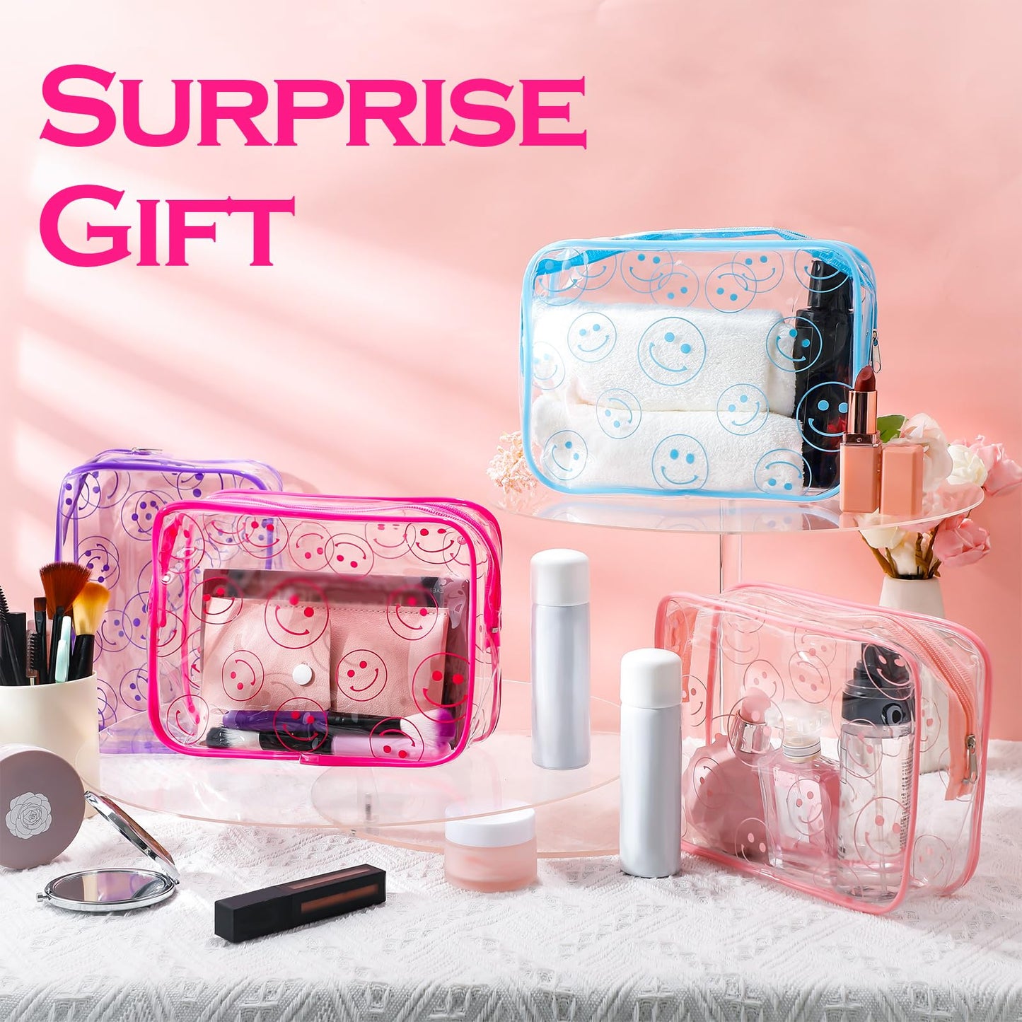 Cunno 6 Pcs Makeup Bags Gifts for Women Preppy Boho Smile Face Flamingo Clear Makeup Bags Cosmetic Transparent PVC Travel Toiletry Organizer for Birthday Party Favor(Smile Style)