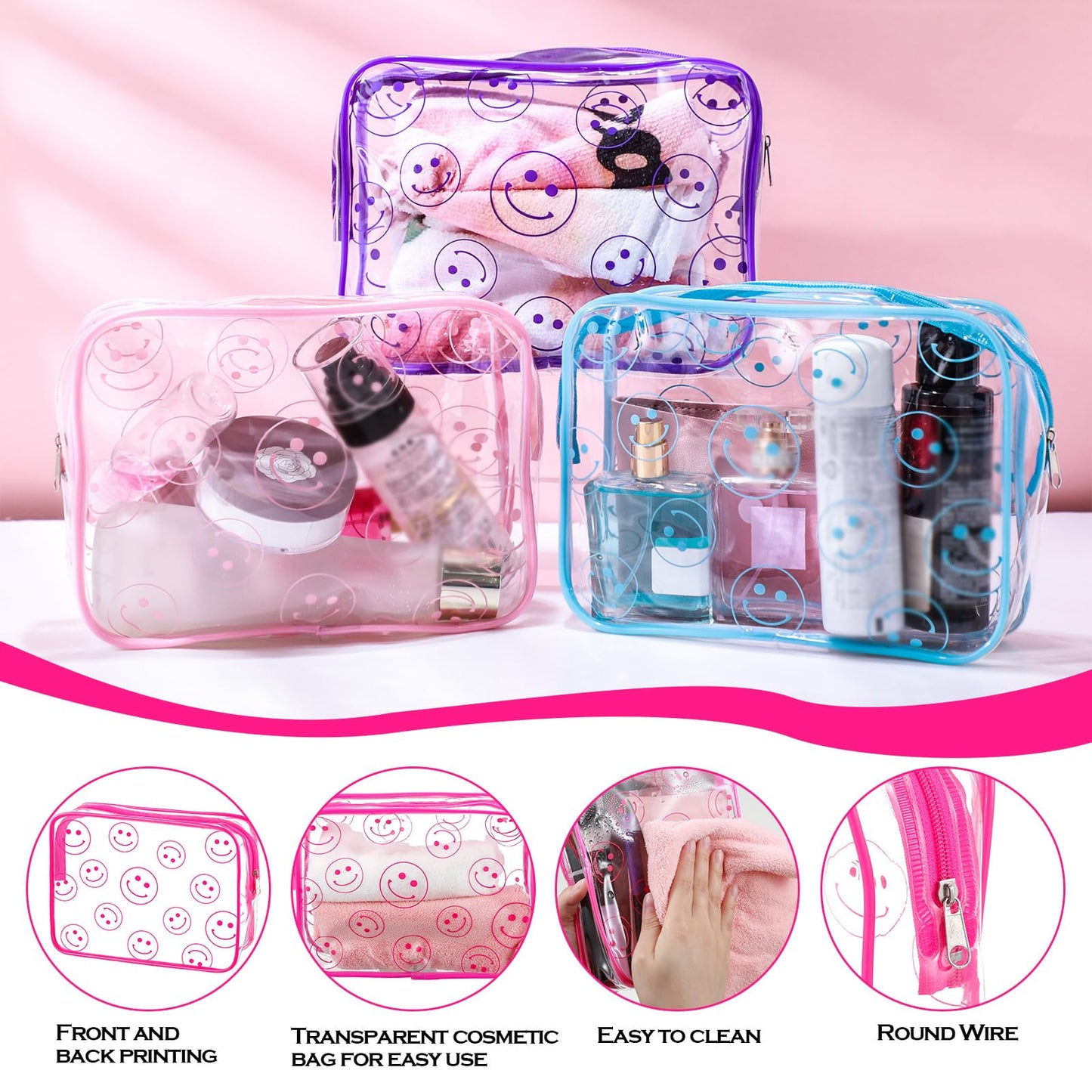 Cunno 6 Pcs Makeup Bags Gifts for Women Preppy Boho Smile Face Flamingo Clear Makeup Bags Cosmetic Transparent PVC Travel Toiletry Organizer for Birthday Party Favor(Smile Style)