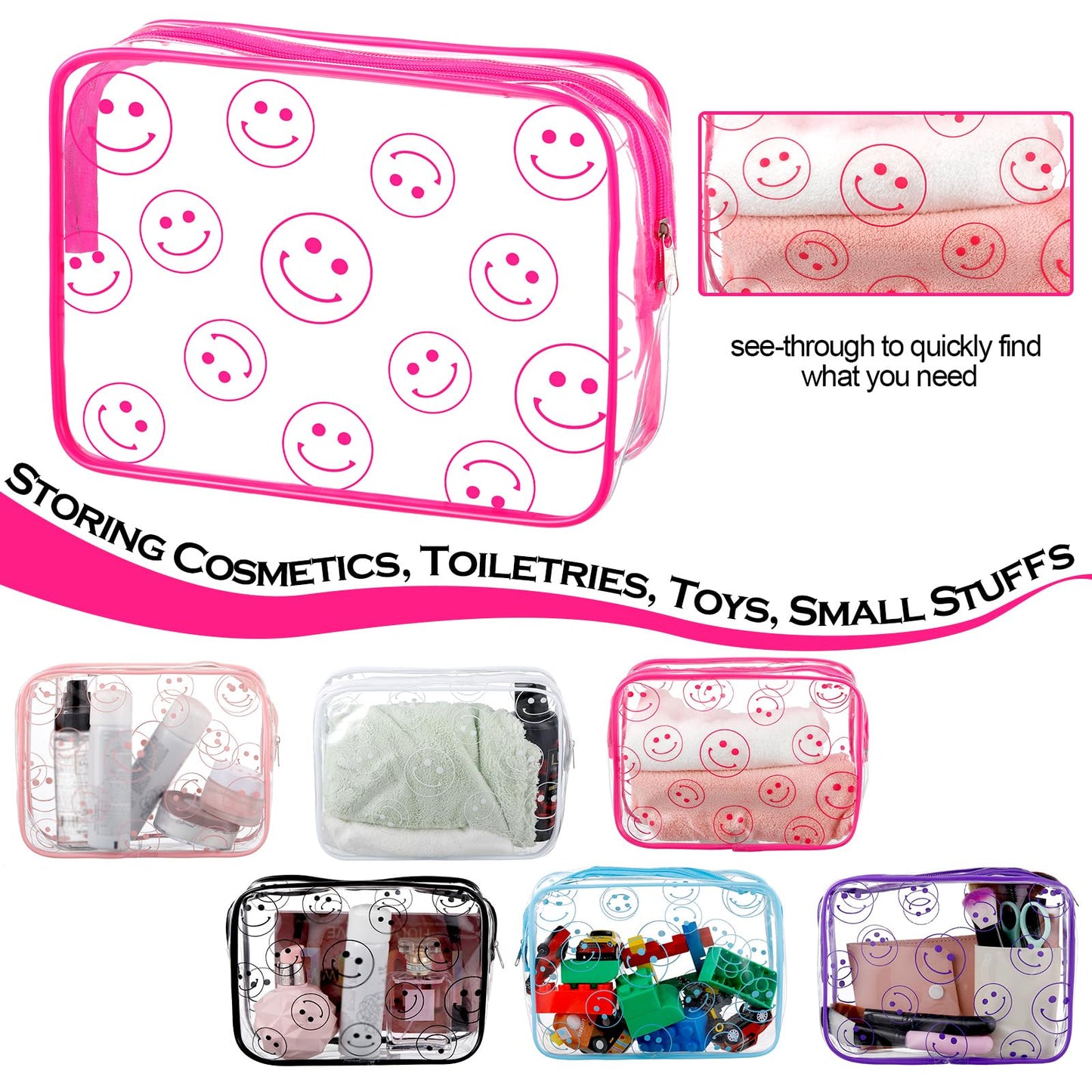 Cunno 6 Pcs Makeup Bags Gifts for Women Preppy Boho Smile Face Flamingo Clear Makeup Bags Cosmetic Transparent PVC Travel Toiletry Organizer for Birthday Party Favor(Smile Style)
