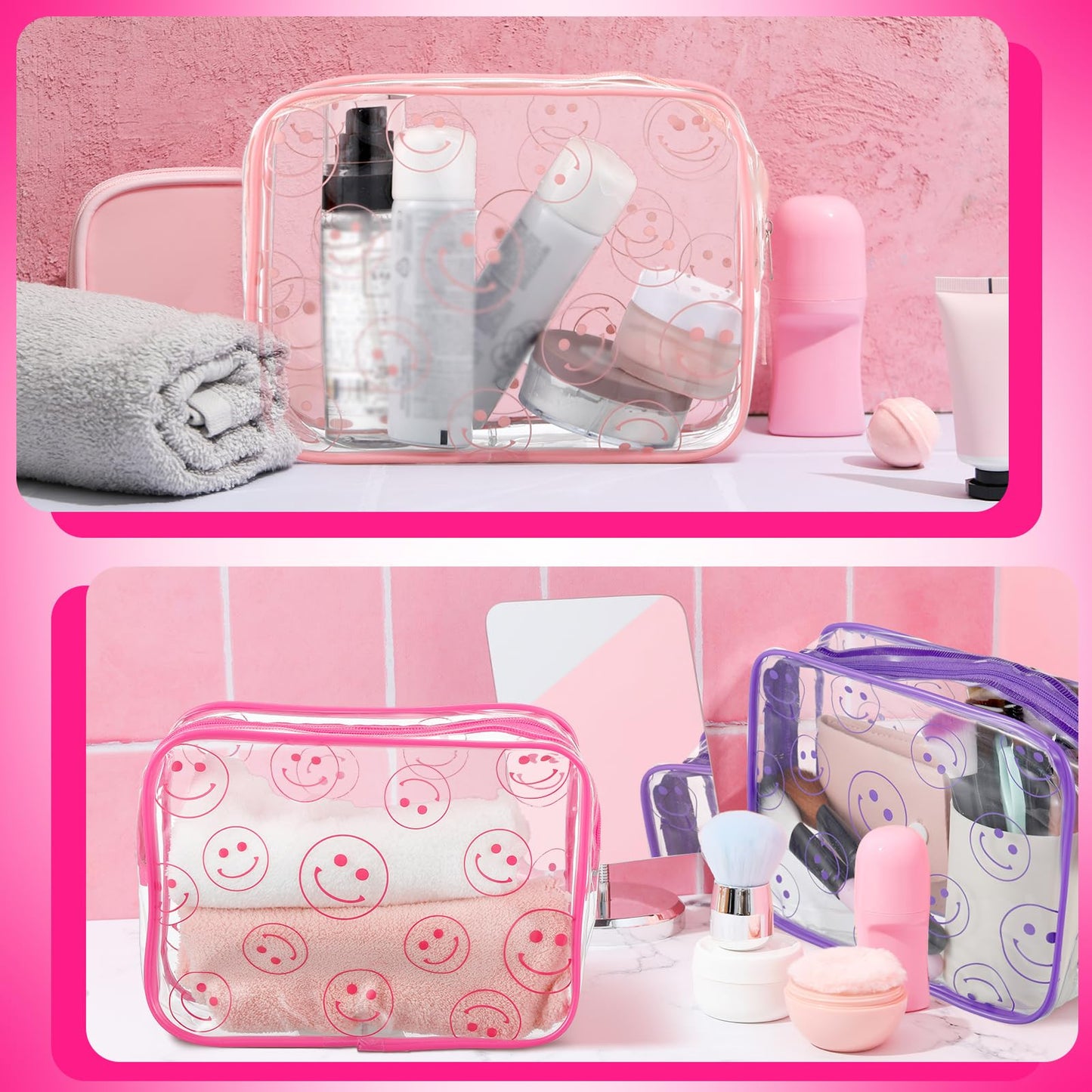 Cunno 6 Pcs Makeup Bags Gifts for Women Preppy Boho Smile Face Flamingo Clear Makeup Bags Cosmetic Transparent PVC Travel Toiletry Organizer for Birthday Party Favor(Smile Style)