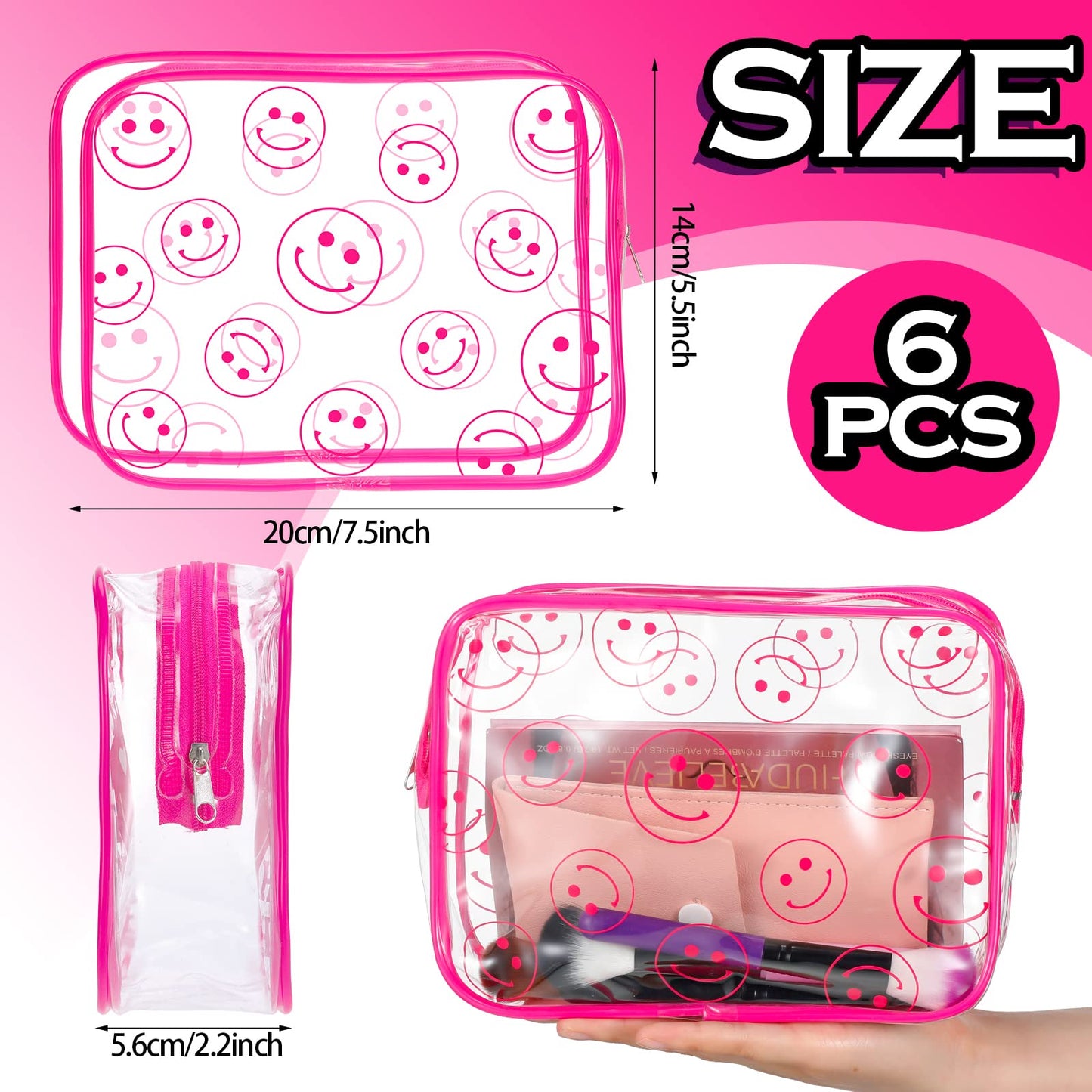 Cunno 6 Pcs Makeup Bags Gifts for Women Preppy Boho Smile Face Flamingo Clear Makeup Bags Cosmetic Transparent PVC Travel Toiletry Organizer for Birthday Party Favor(Smile Style)