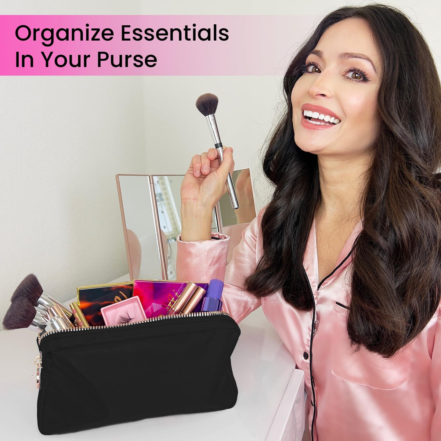 DANCOUR Small Makeup Bag For Purse - Makeup Bag Small Cosmetic Bag For Purse - Mini Pouch Travel Makeup Bag Zipper Pouches Makeup Pouch Mini Organizer For Women and Girls (Black)