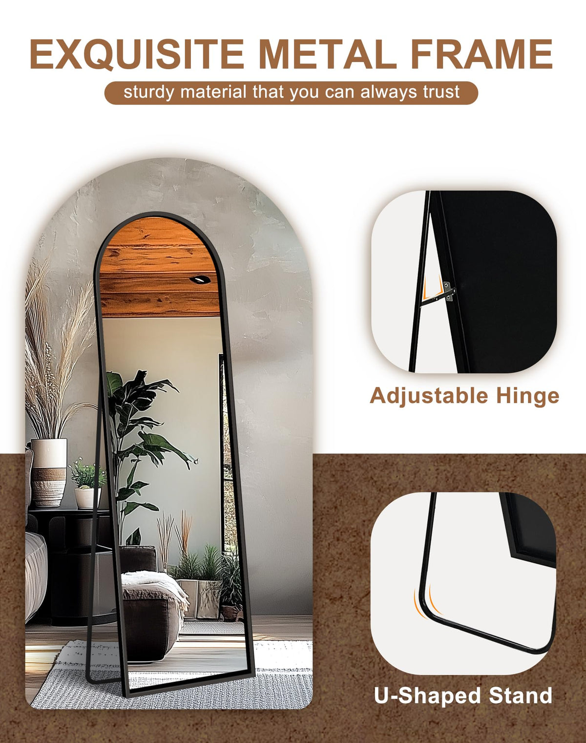 Delma Arched Full Length Mirror with Stand, Black Floor Mirror