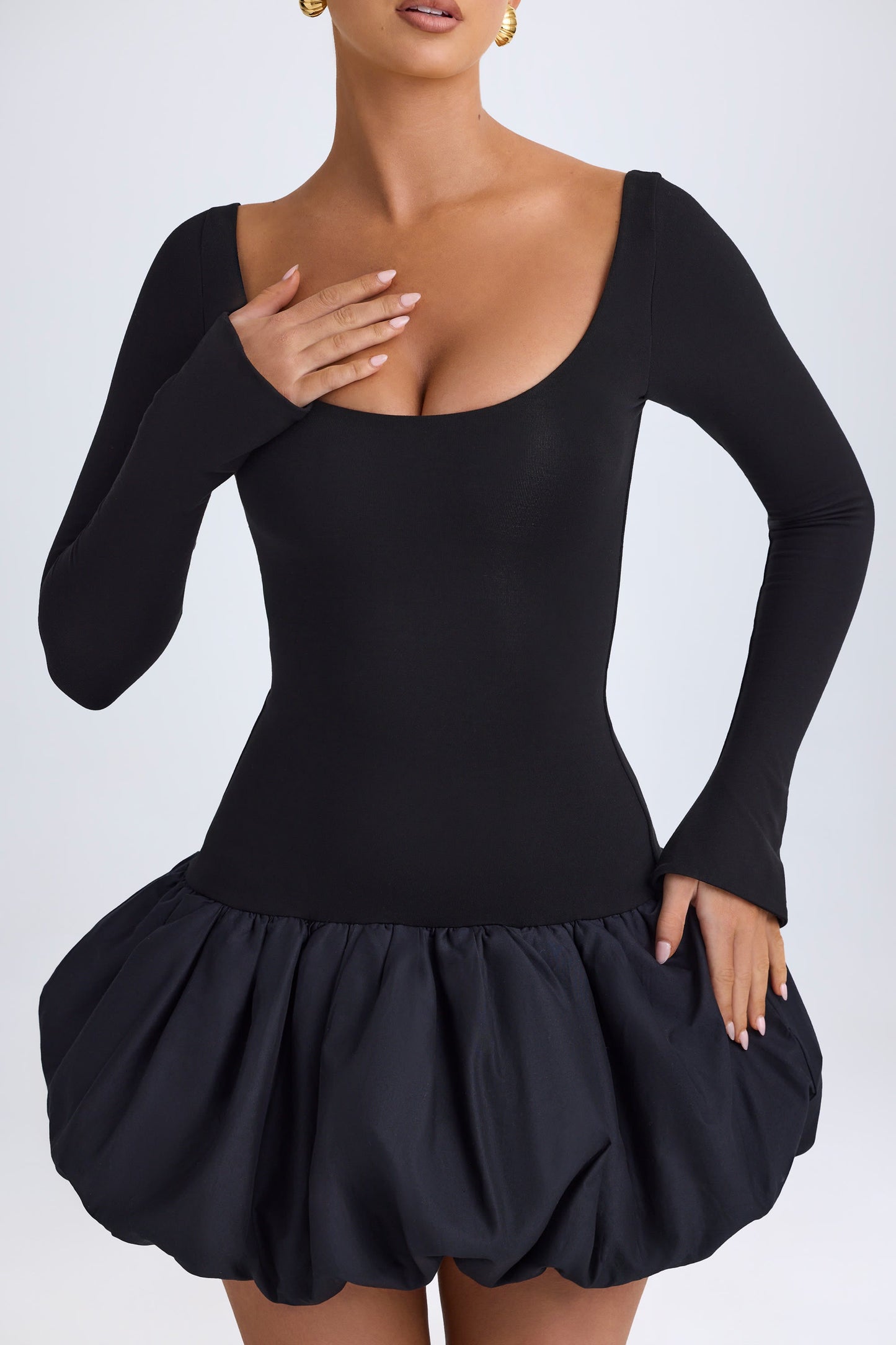 Modal Scoop-Neck Drop-Waist Bubble Hem Mini Dress in Black