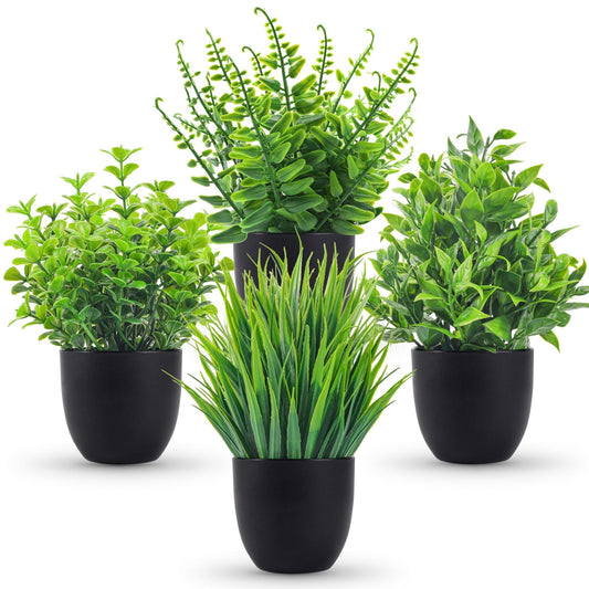 Der Rose 4 Pack Small Fake Plants in Black Pots, Bathroom Office Decor