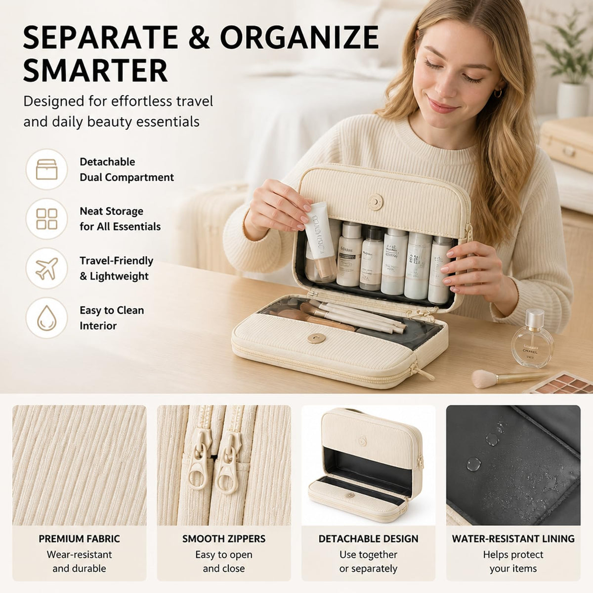 Detachable Travel Makeup Bag,2-in-1 Lay-Flat Cosmetic Organizer Women