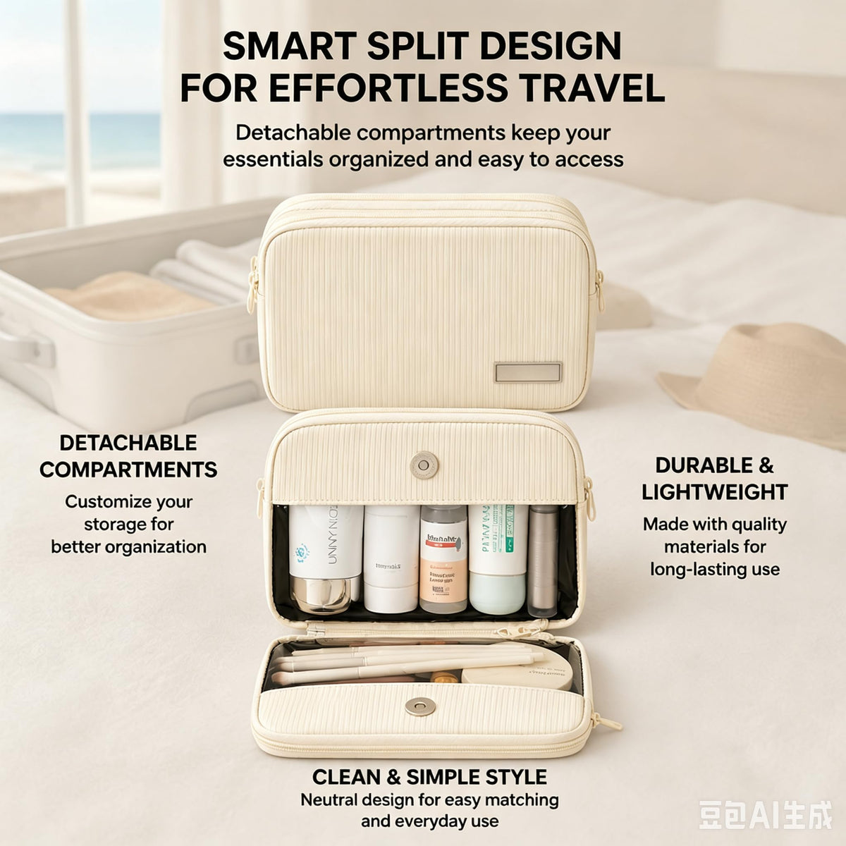 Detachable Travel Makeup Bag,2-in-1 Lay-Flat Cosmetic Organizer Women