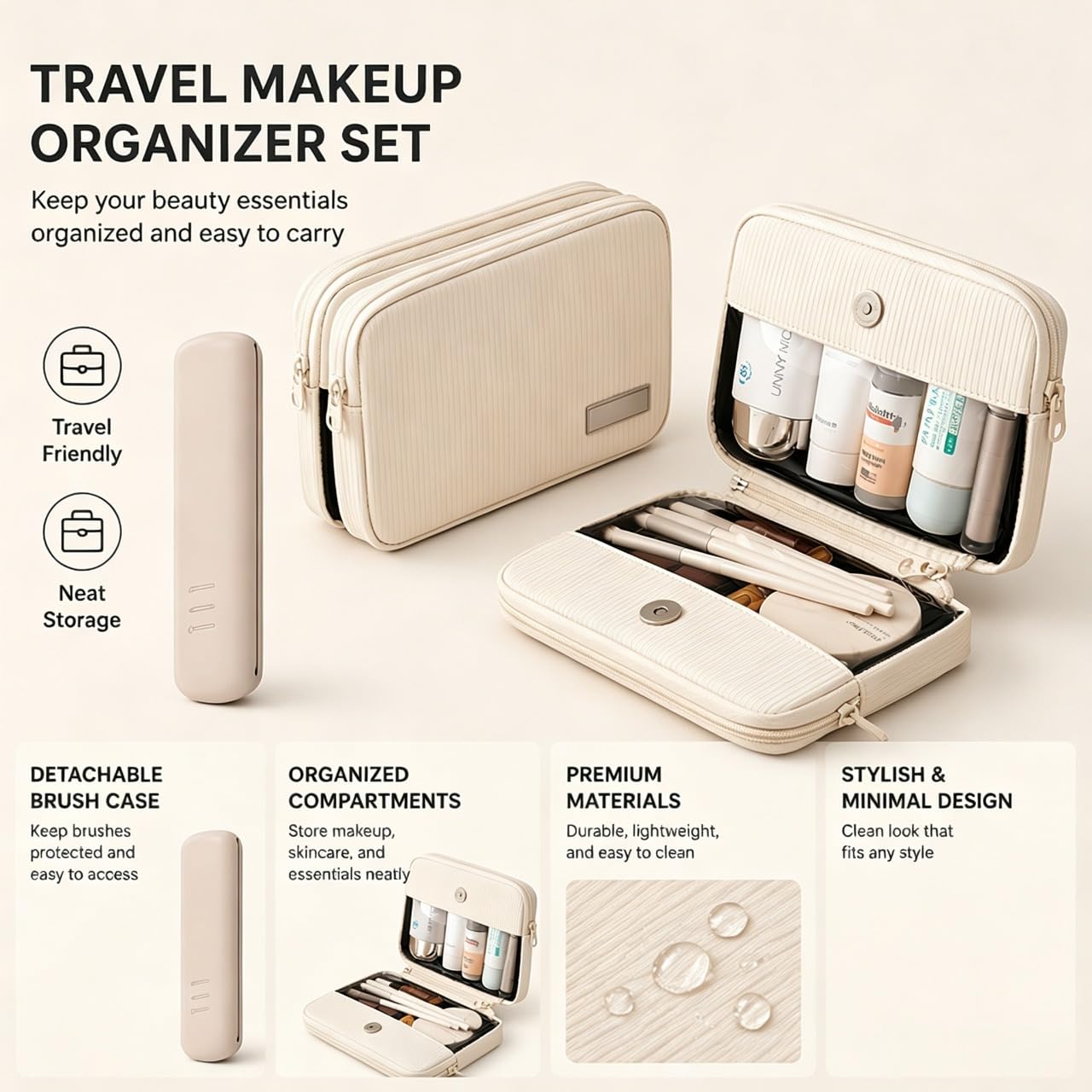 Detachable Travel Makeup Bag,2-in-1 Lay-Flat Cosmetic Organizer Women