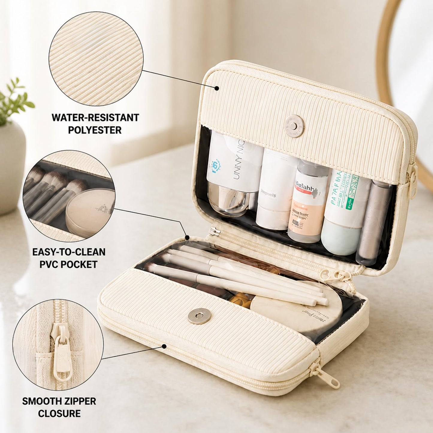 Detachable Travel Makeup Bag,2-in-1 Lay-Flat Cosmetic Organizer Women