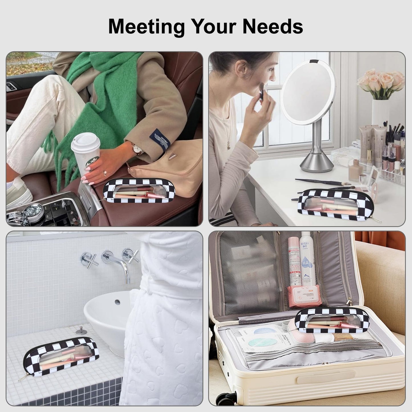 DOB SECHS Small Clear Makeup Bag for Purse Mini Checkered Brush Pouch for Travel Nylon Travel Cosmetic Organizer Pouches Holder Pencil Bag with Zipper Double Sided Clear Make-up Bags