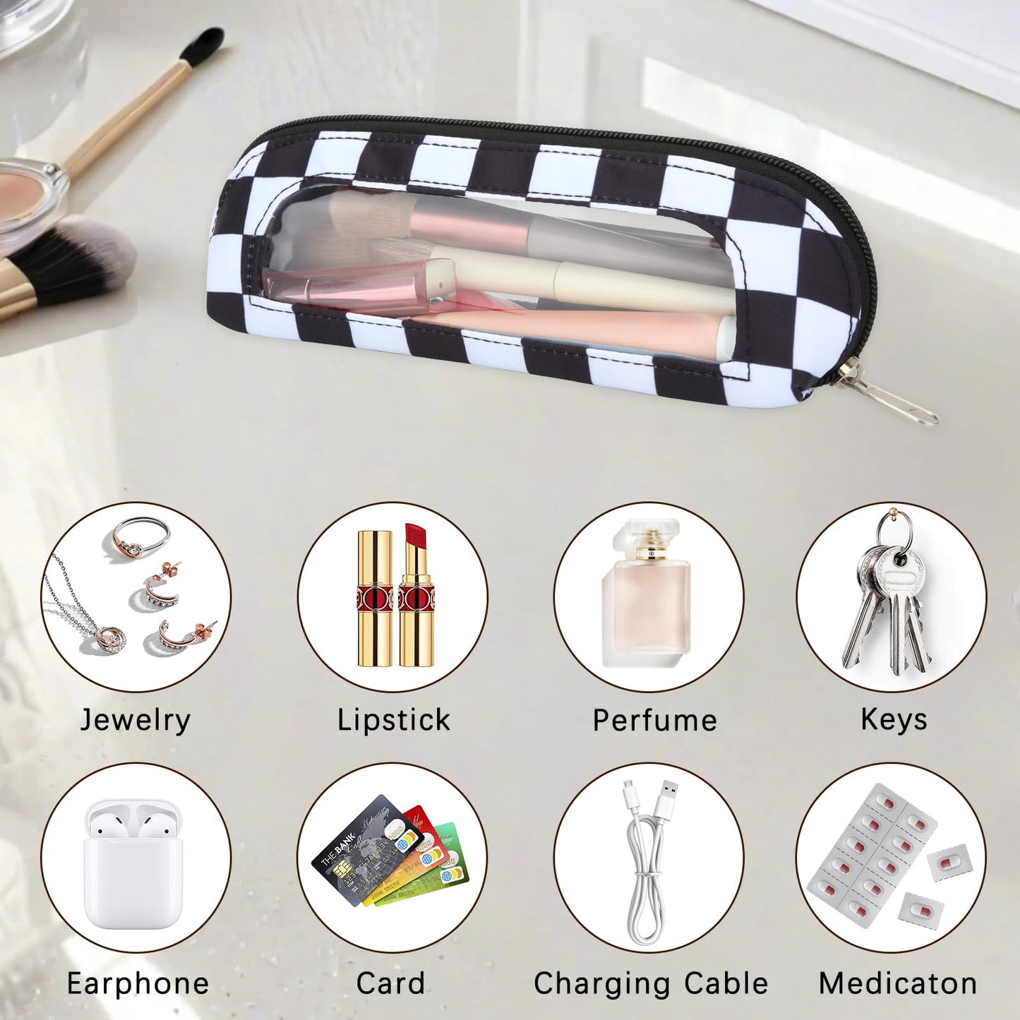 DOB SECHS Small Clear Makeup Bag for Purse Mini Checkered Brush Pouch for Travel Nylon Travel Cosmetic Organizer Pouches Holder Pencil Bag with Zipper Double Sided Clear Make-up Bags